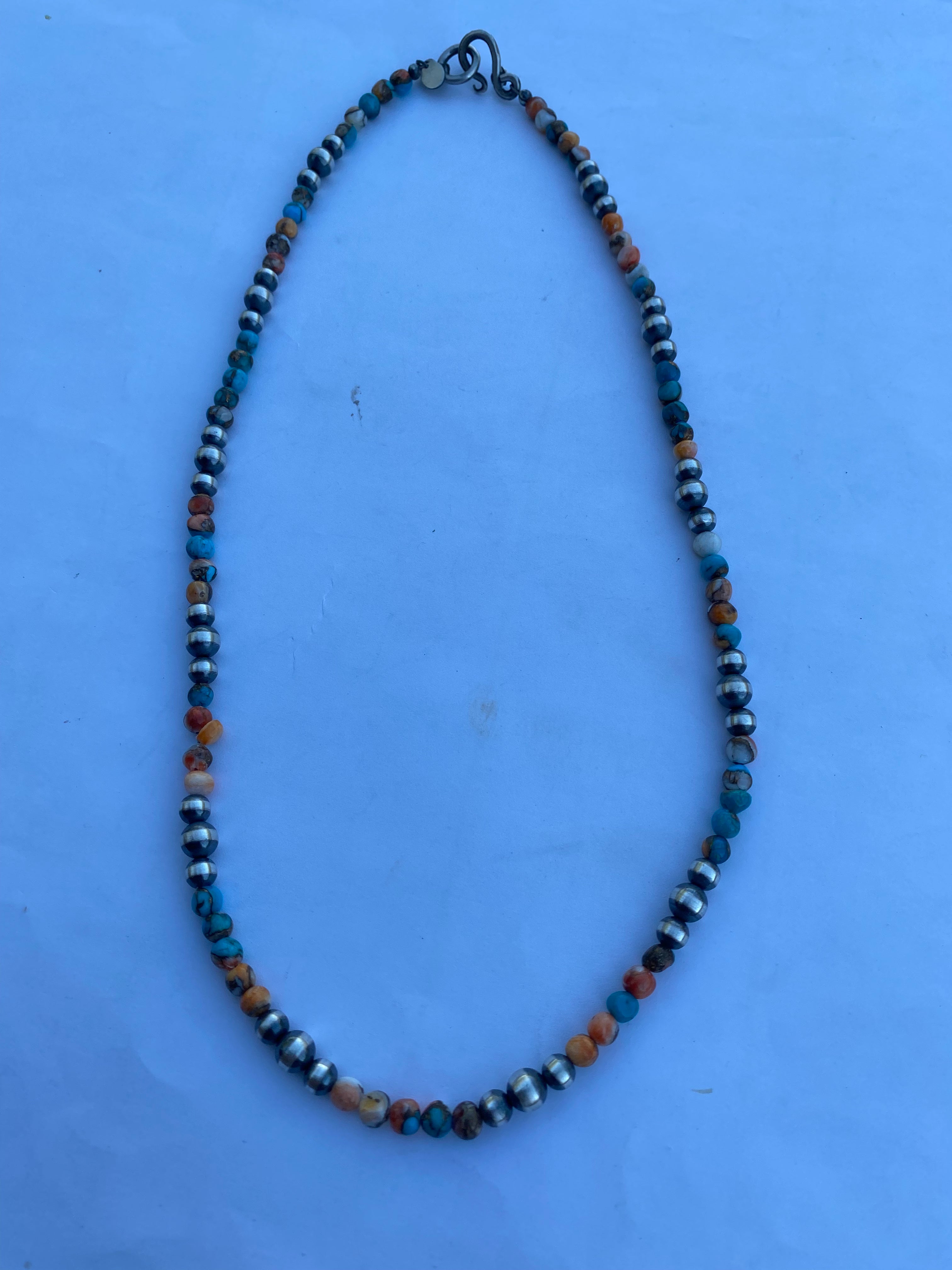 Navajo Turquoise & Spiny Spice Sterling Silver Beaded Necklace 20 inch