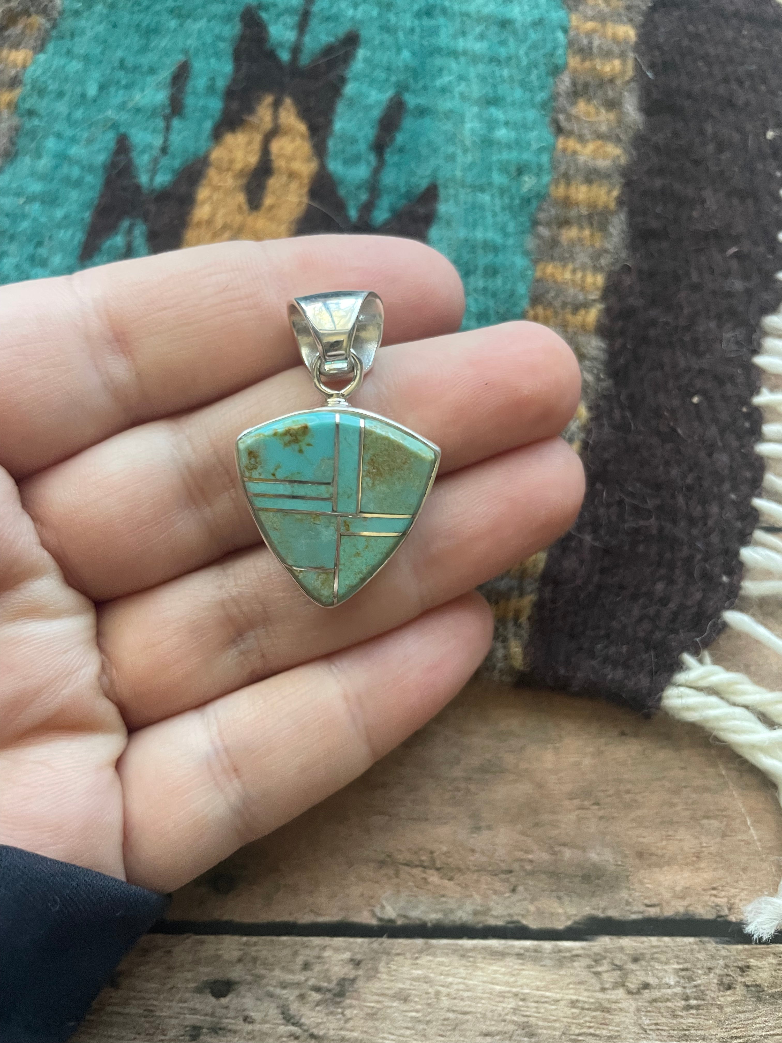 Number 8 Turquoise Inlay & Sterling Silver Pendant