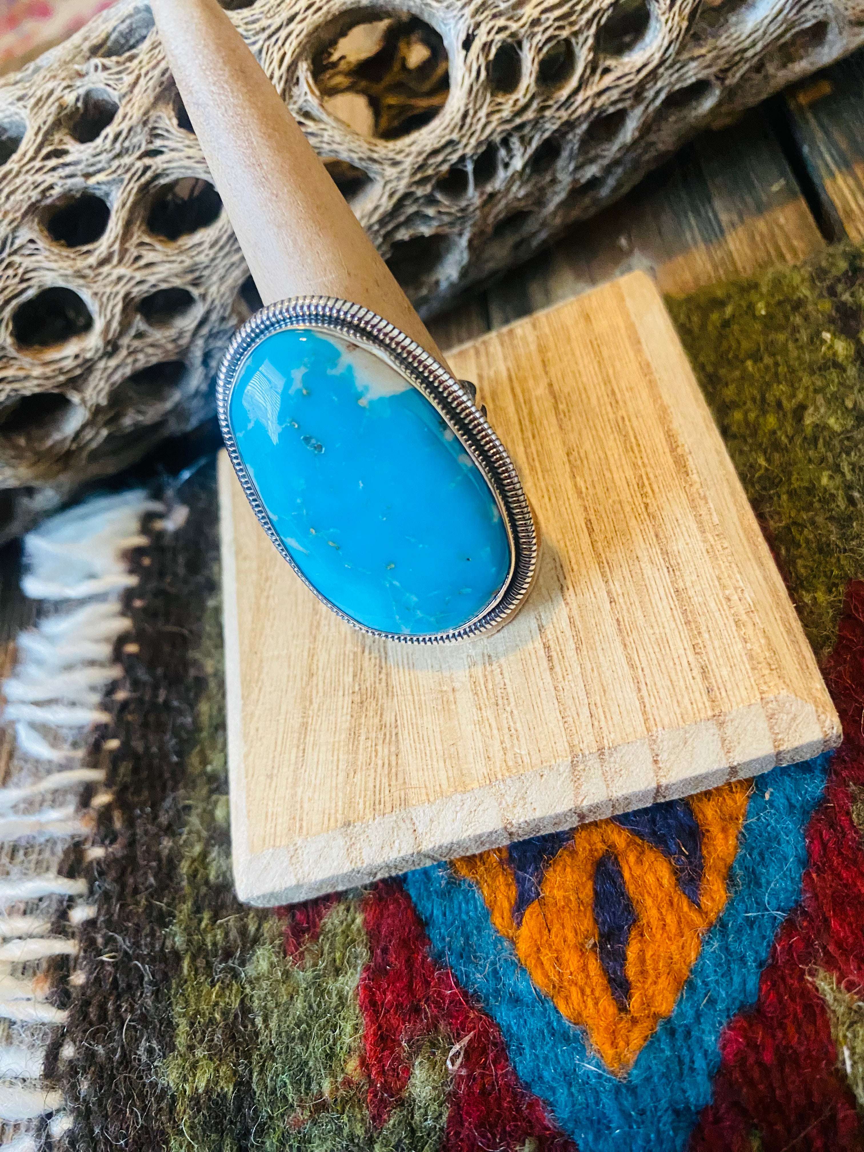 Navajo Gold Canyon Turquoise & Sterling Silver Adjustable Ring by Wydell Billie