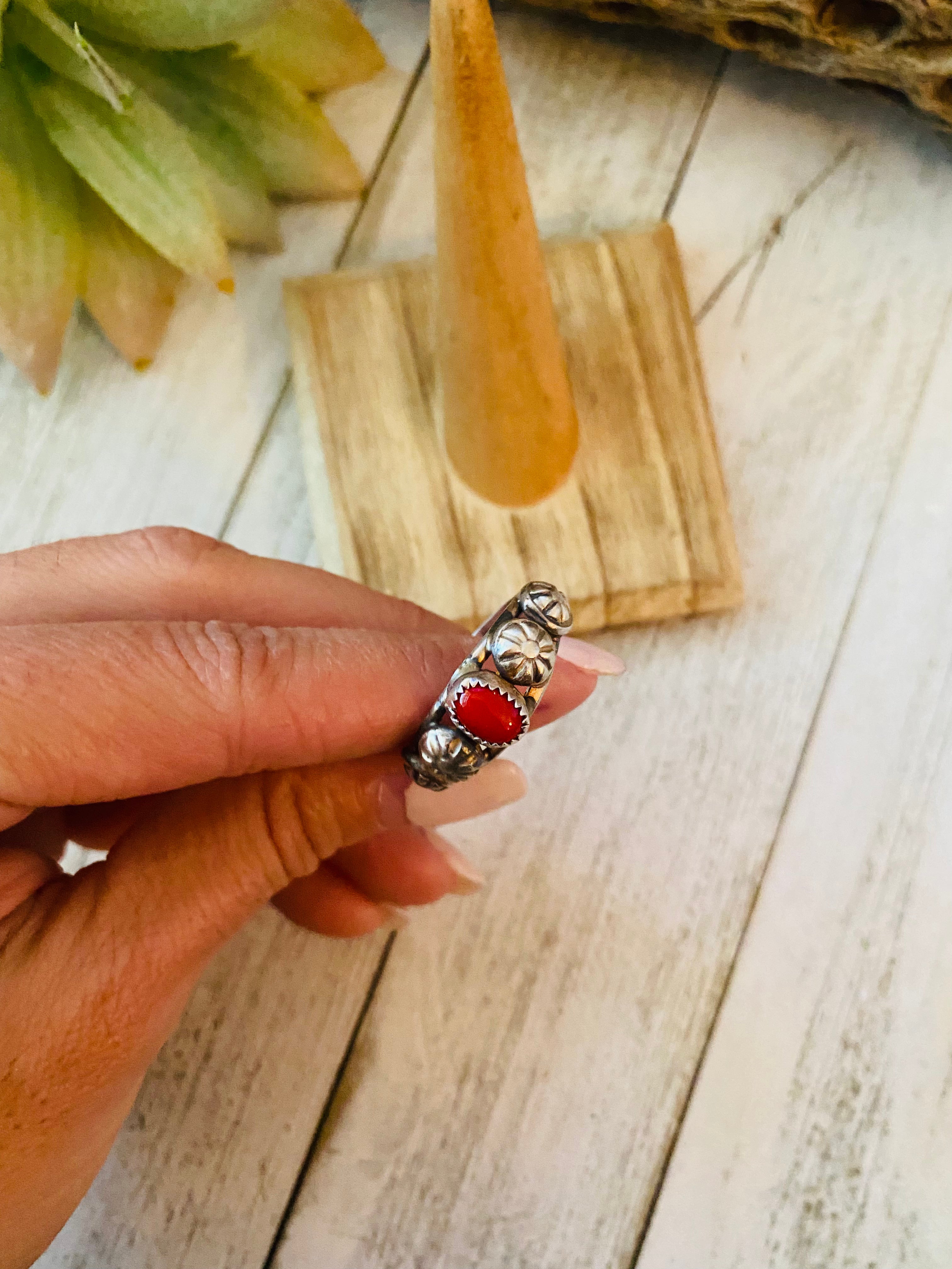 Navajo Coral and Sterling Silver Concho Band Ring