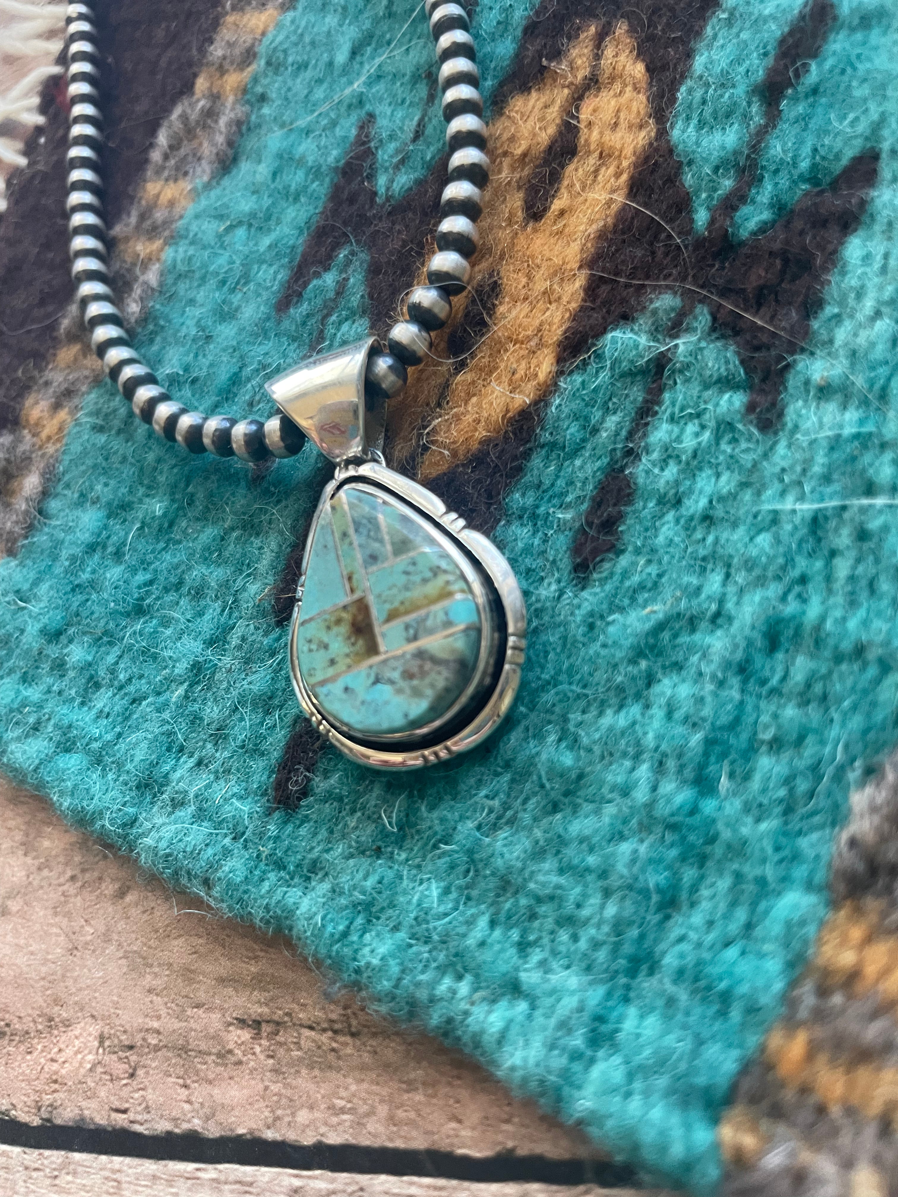 Number 8 Turquoise Inlay & Sterling Silver Pendant