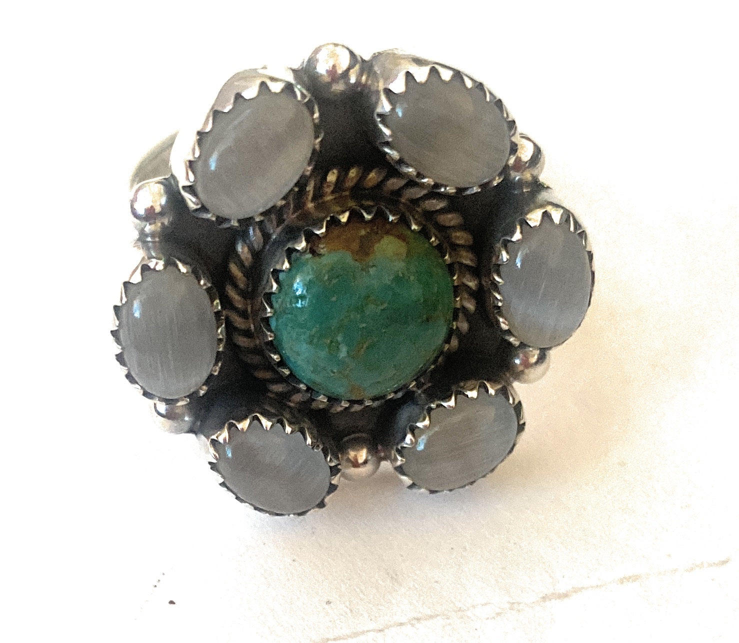 Handmade Sterling Silver, Mother of Pearl & Turquoise Cluster Adjustable Ring