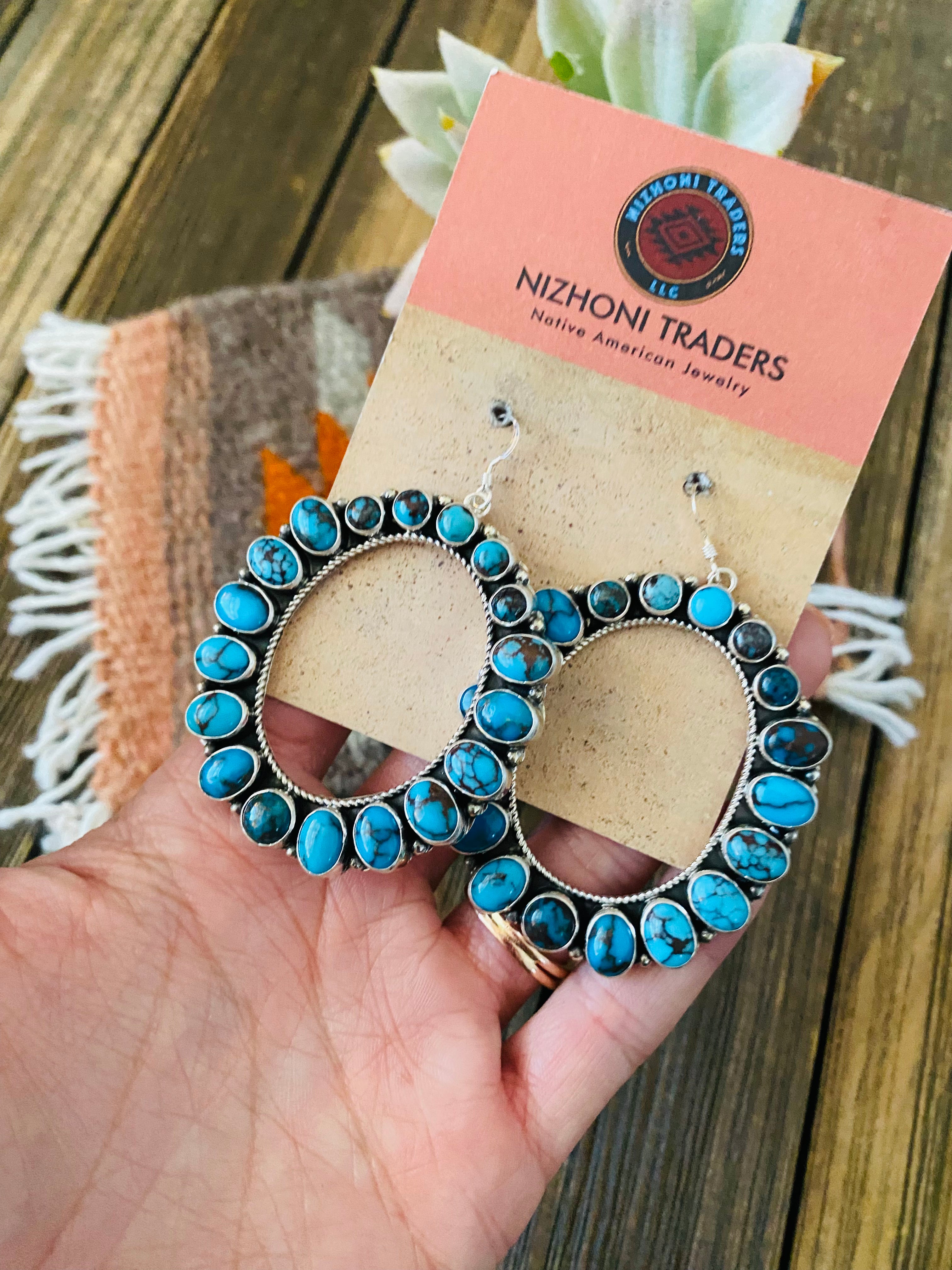 Navajo Sterling Silver & Kingman Web Turquoise Dangle Earrings