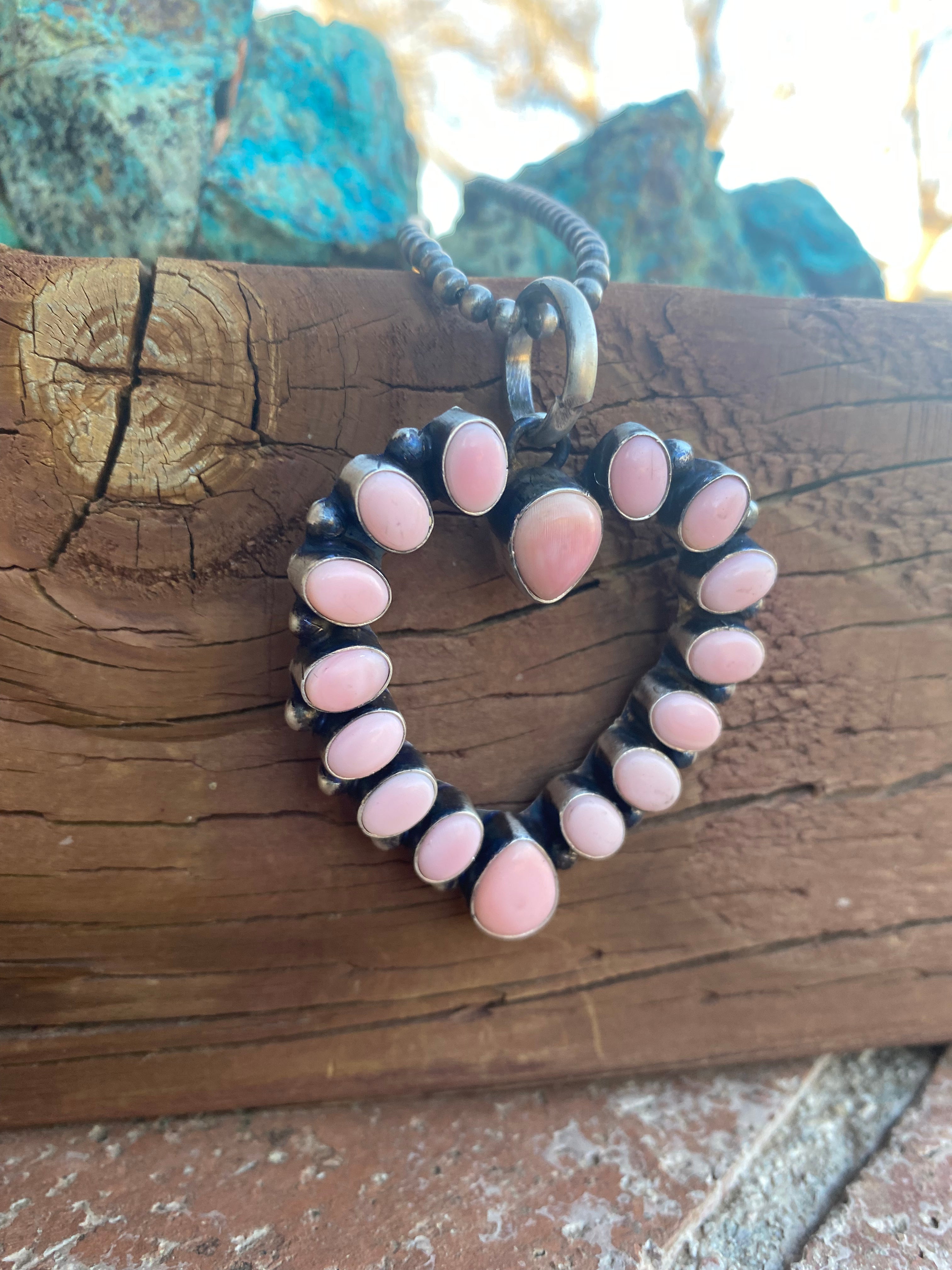 Navajo Heart Queen Pink Conch & Sterling Silver Pendant Signed