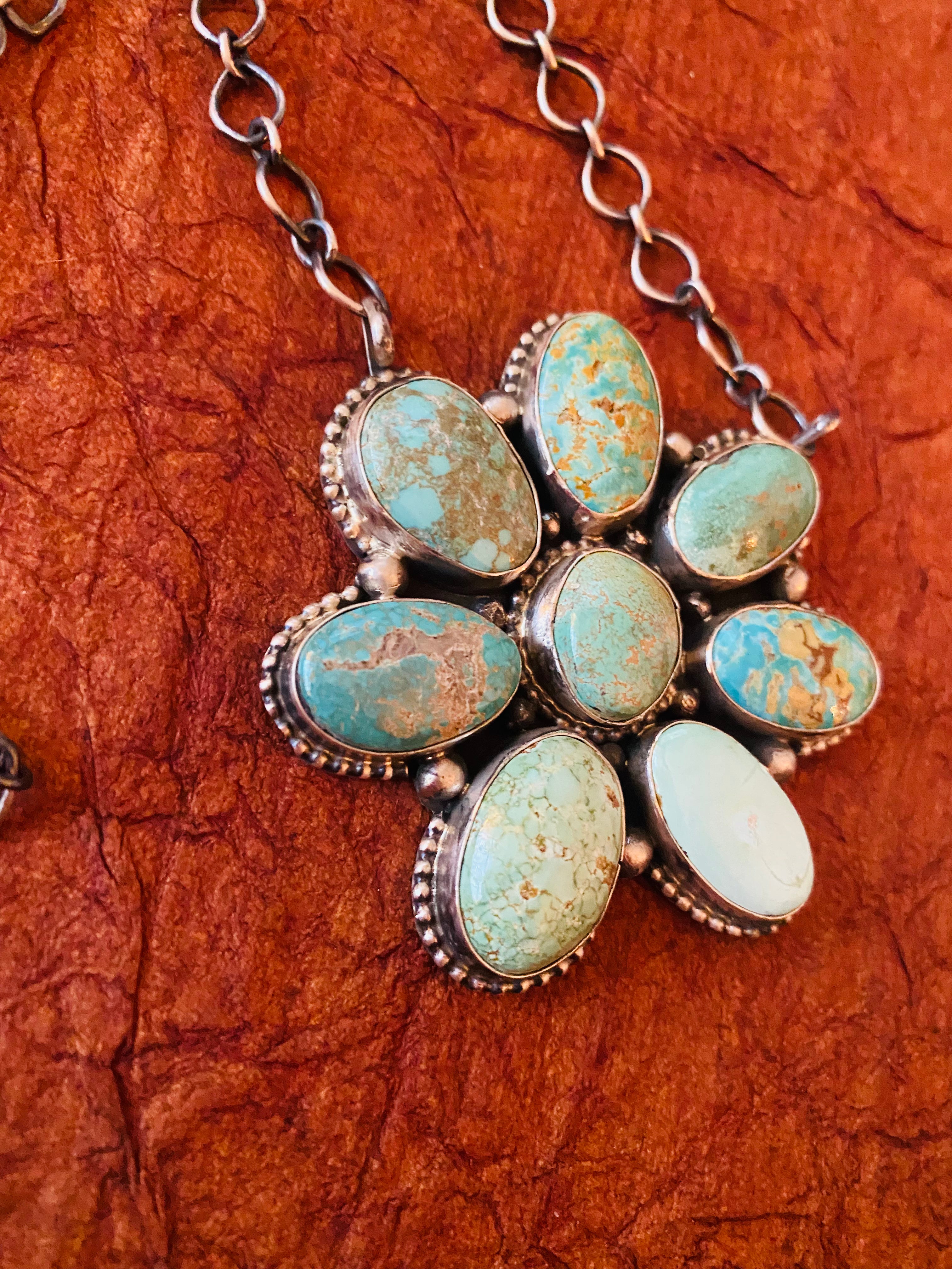 Navajo Sterling Silver & Carico Lake Turquoise Cluster Necklace