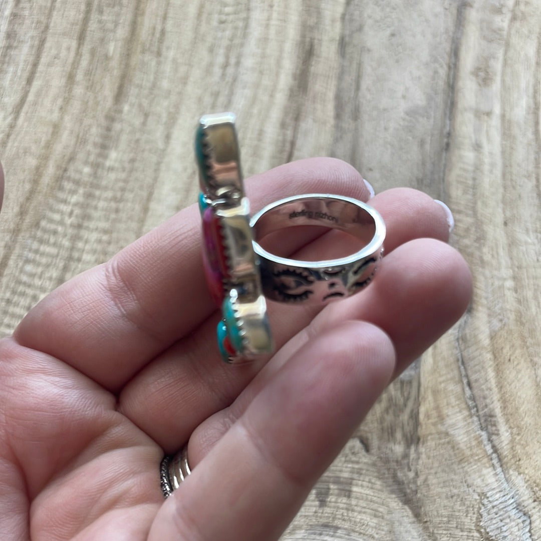 Beautiful Handmade Turquoise, Coral, Pink Dream And Sterling Silver Adjustable Ring Signed Nizhoni