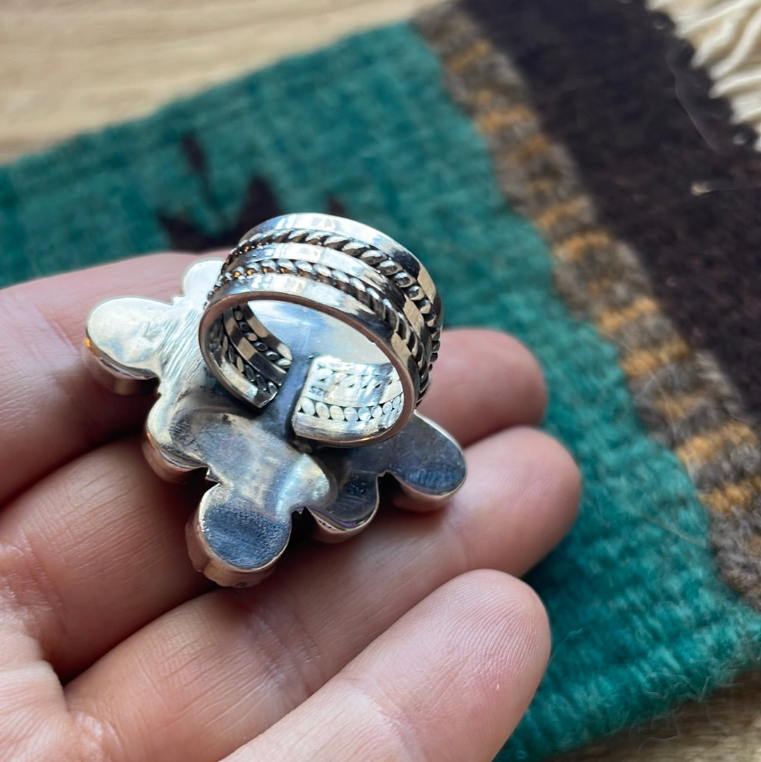 Beautiful Handmade Turquoise, Orange Mojave And Sterling Silver Adjustable Ring Signed Nizhoni