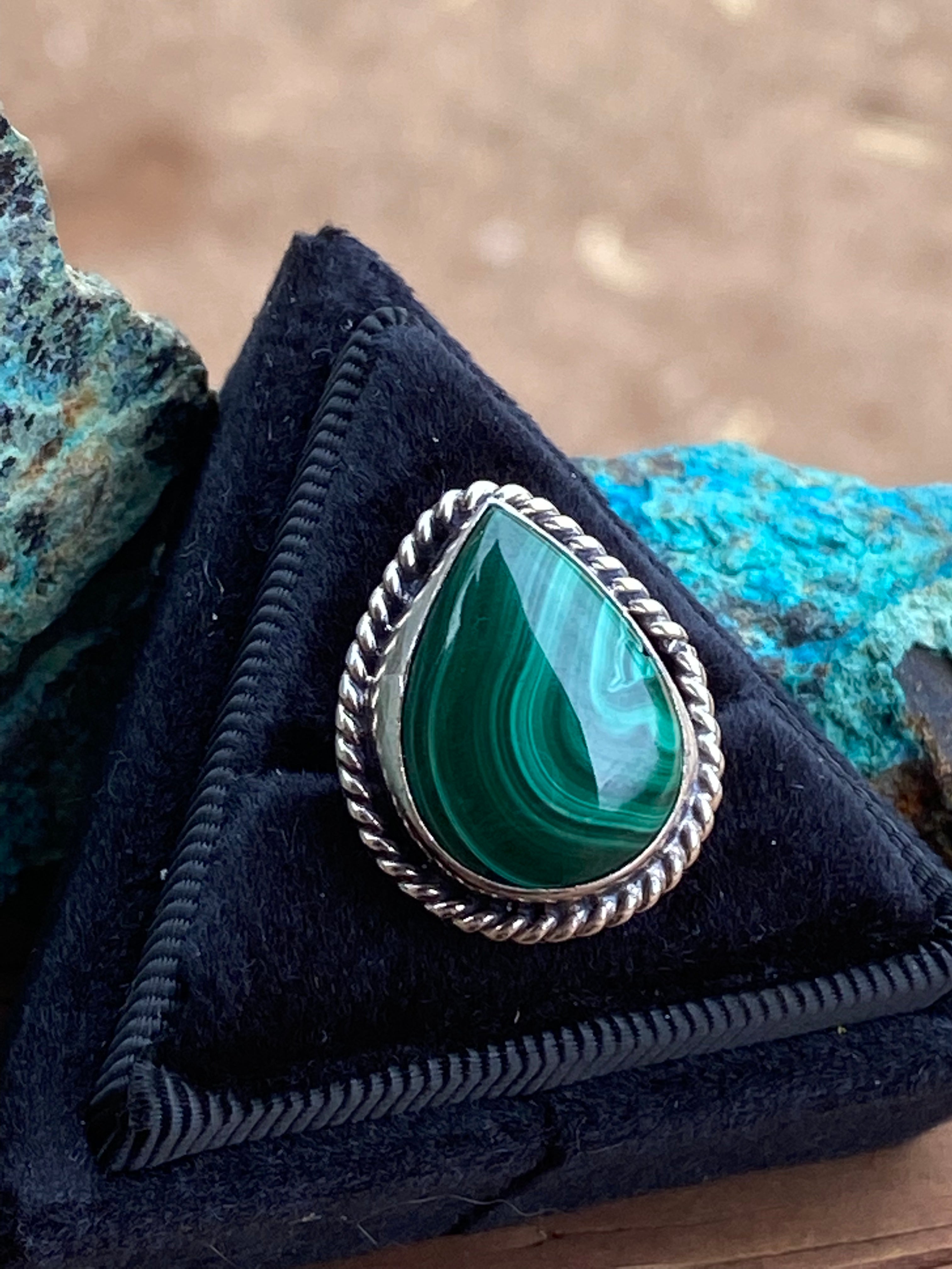 Navajo Malachite Tear Drop Sterling Silver Rings