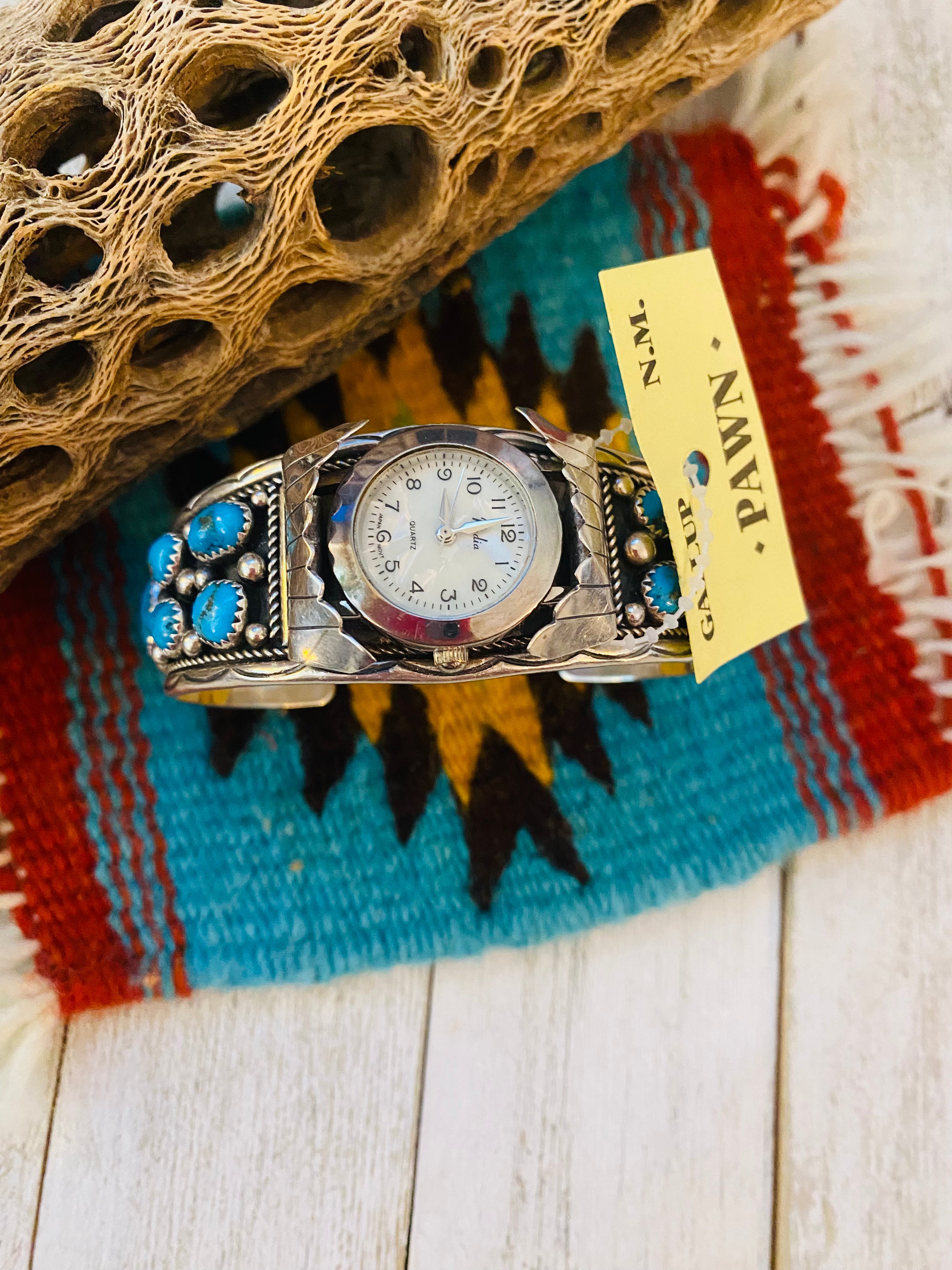 Old Pawn Vintage Navajo Kingman Turquoise & Sterling Silver Watch Cuff