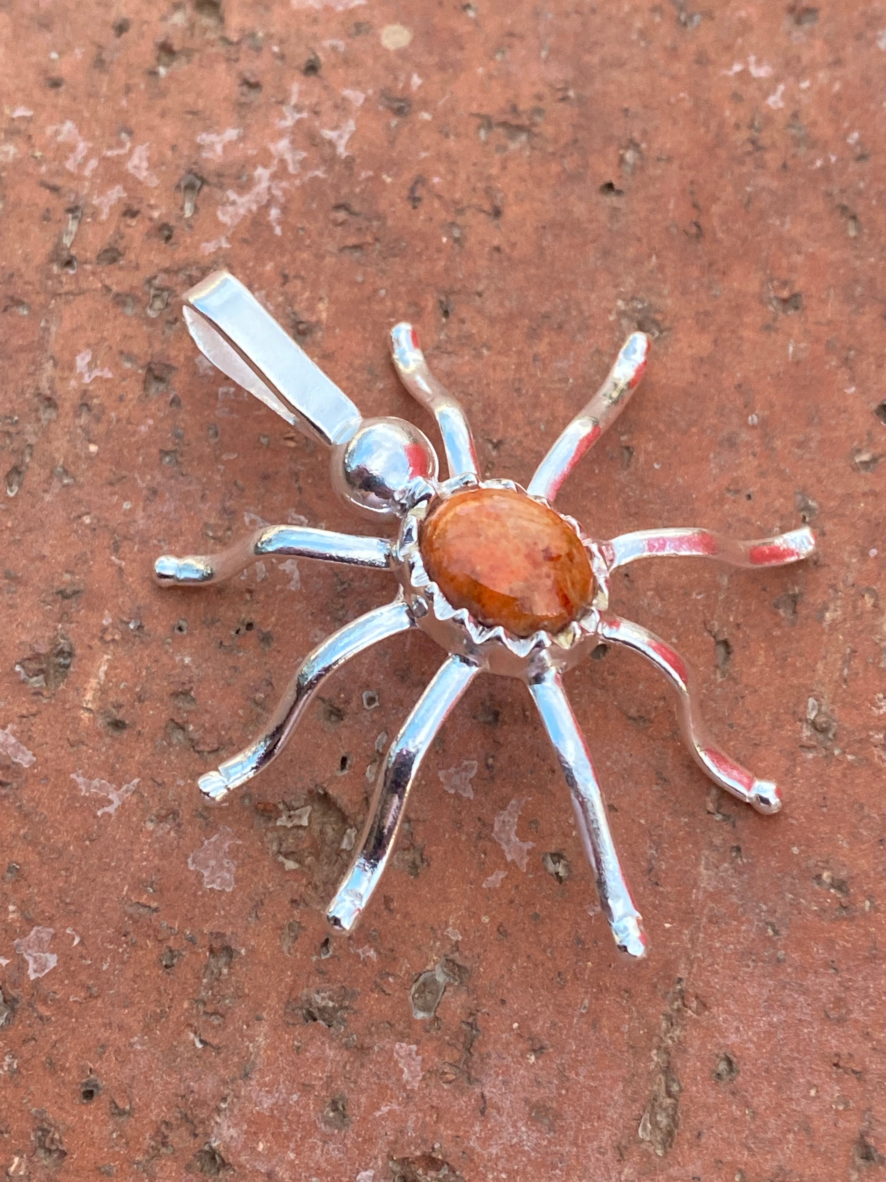 Natural Orange Mojave & Sterling Silver Spider Pendant