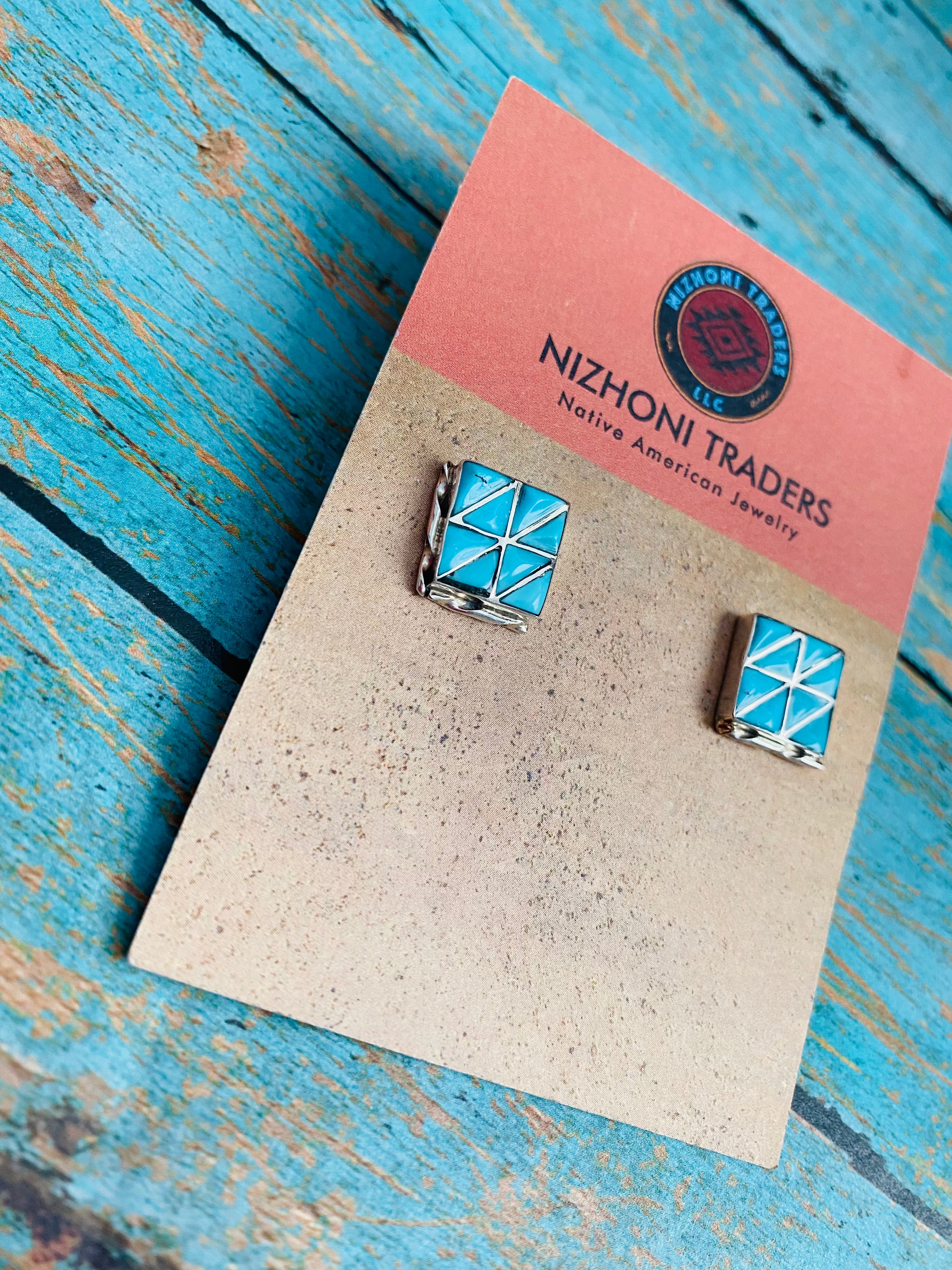 Zuni Sterling Silver & Turquoise Inlay Stud Earrings