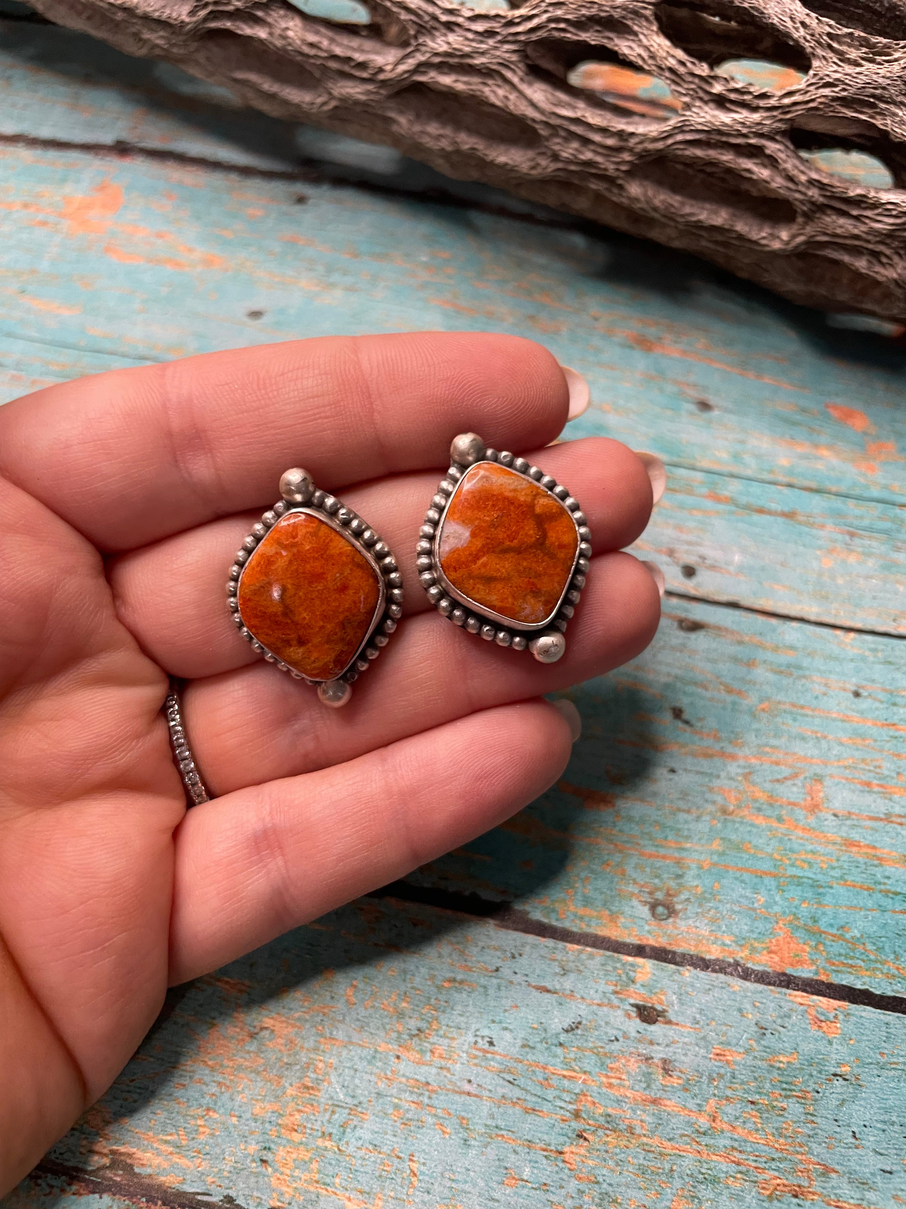 Navajo Apple Coral And Sterling Silver Post Earrings Signed