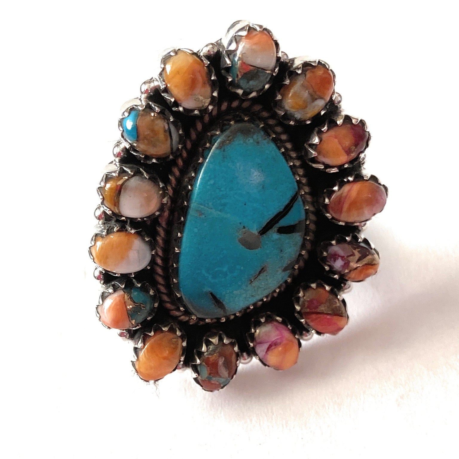 Handmade Sterling Silver, Spice & Turquoise Cluster Adjustable Ring