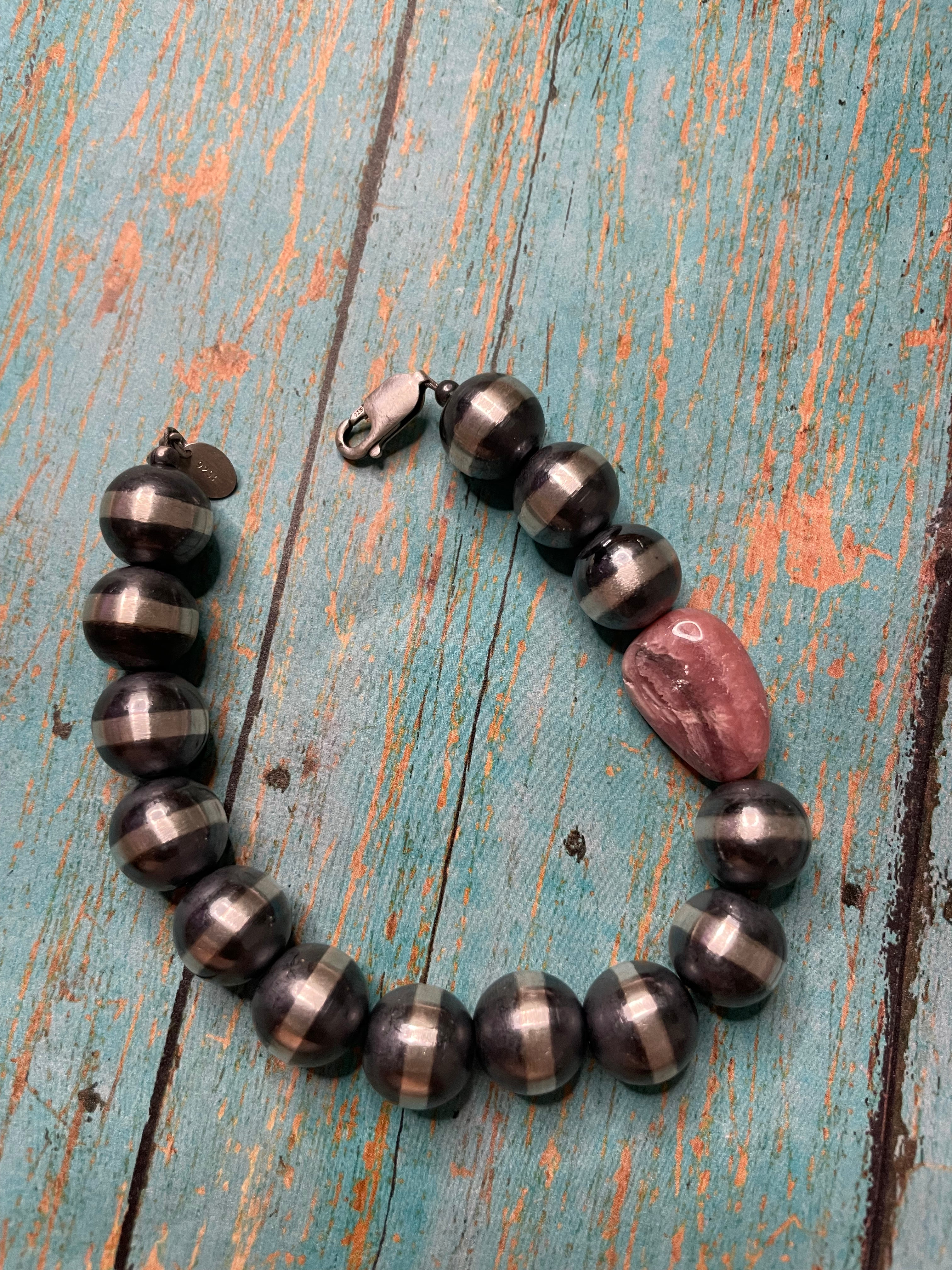 Navajo Sterling Silver And Rhodochrosite 12mm Beaded Bracelet