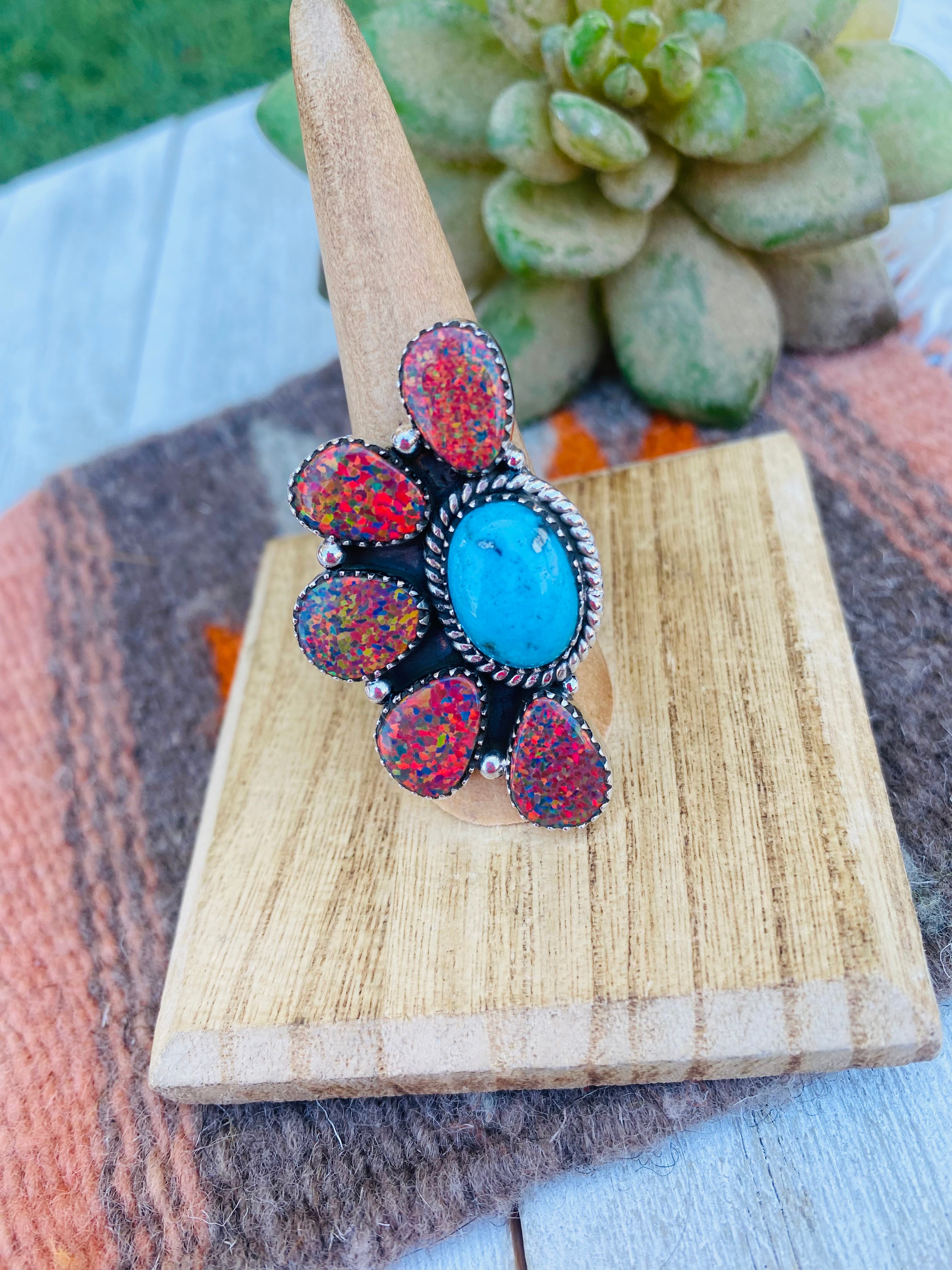 Handmade Sterling Silver, Opal & Turquoise Cluster Adjustable Ring