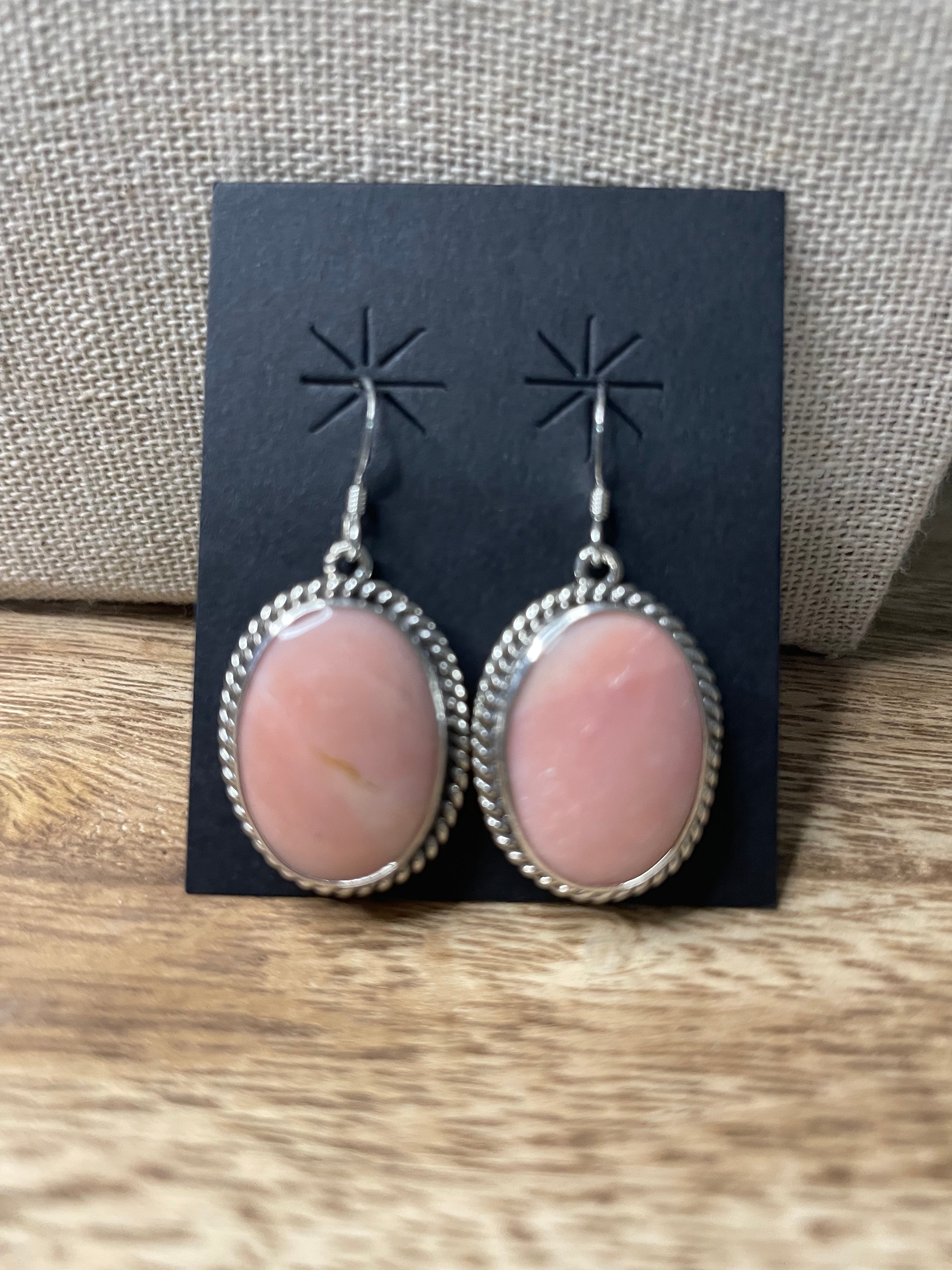 Navajo Sterling Silver & Rhodochrosite Stone Dangle Earrings