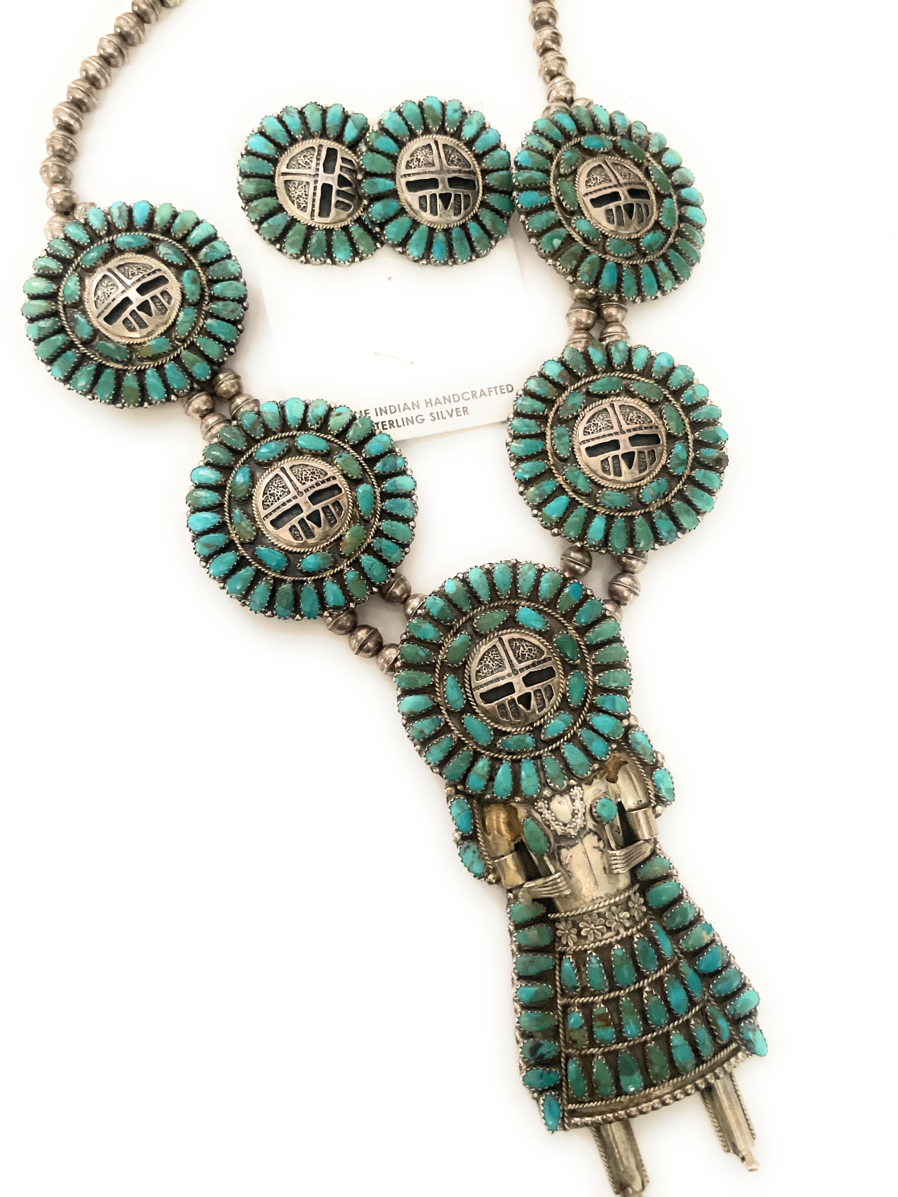 Vintage Navajo Sterling Silver And Turquoise Kachina Squash Blossom Necklace Earrings Set Signed