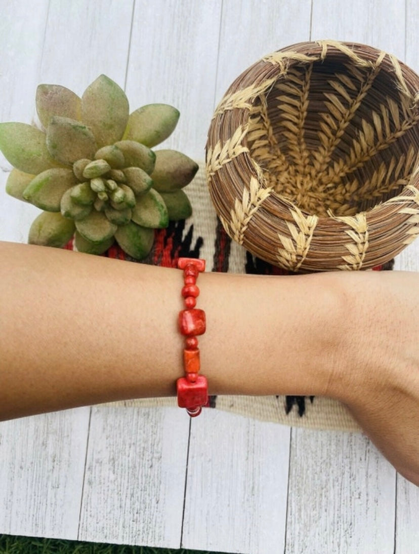 Navajo Apple Coral & Sterling Silver Beaded Bracelet