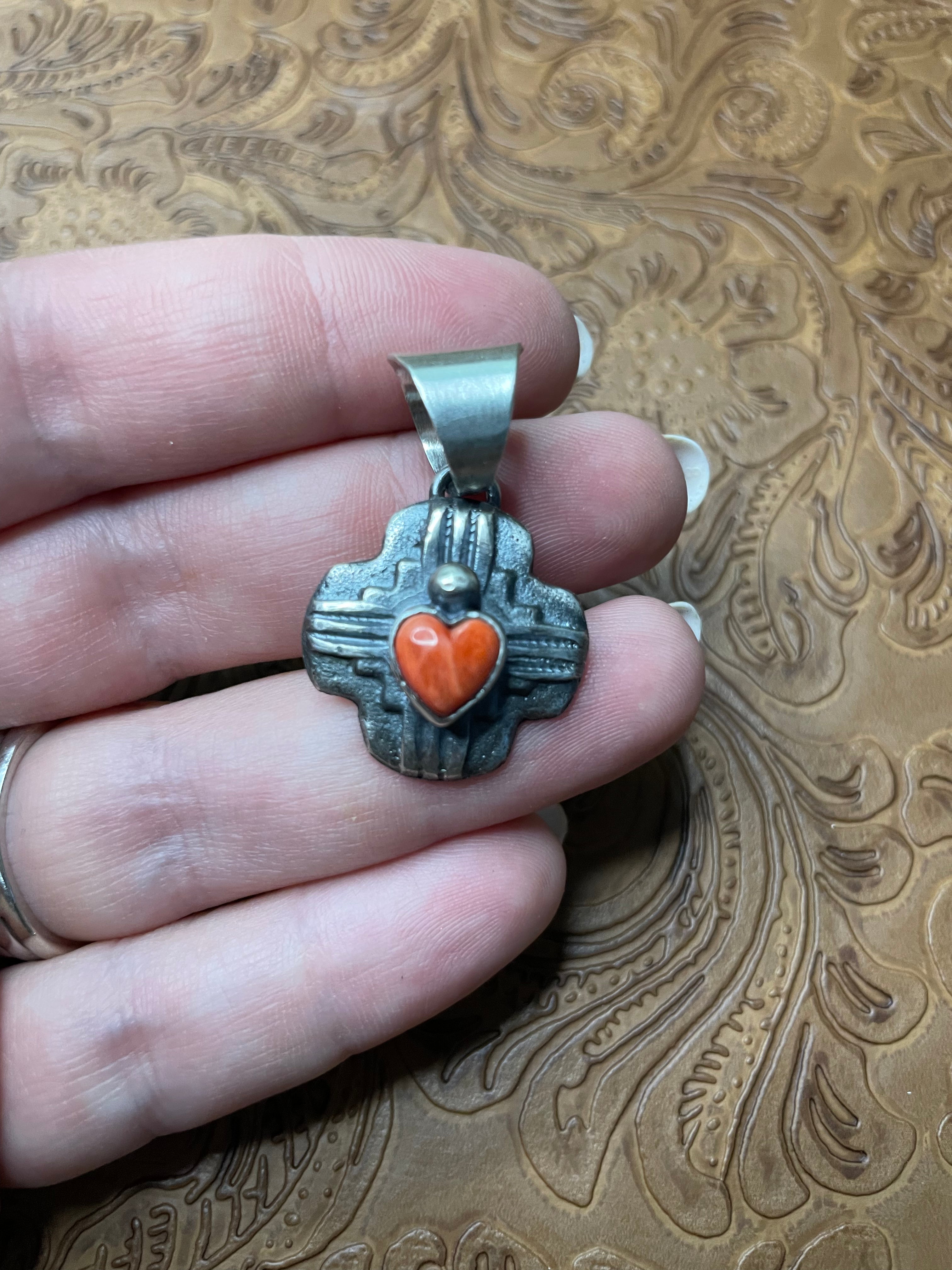 Navajo Sterling Silver Orange Spiny Zia Pendant By Chimney Butte