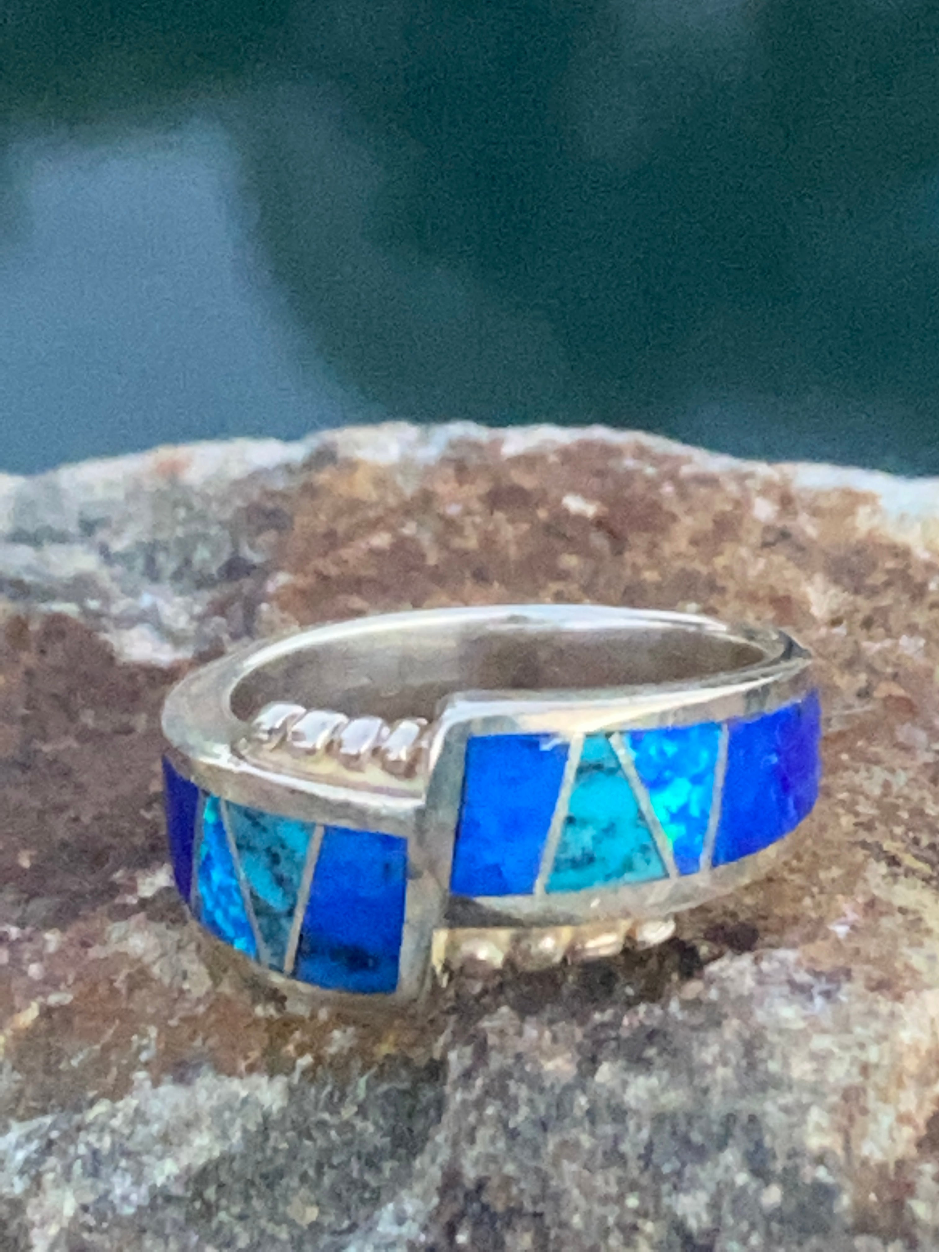 Navajo Lapis, Turquoise, Blue Opal & Sterling Silver Band Ring Sz 5.5