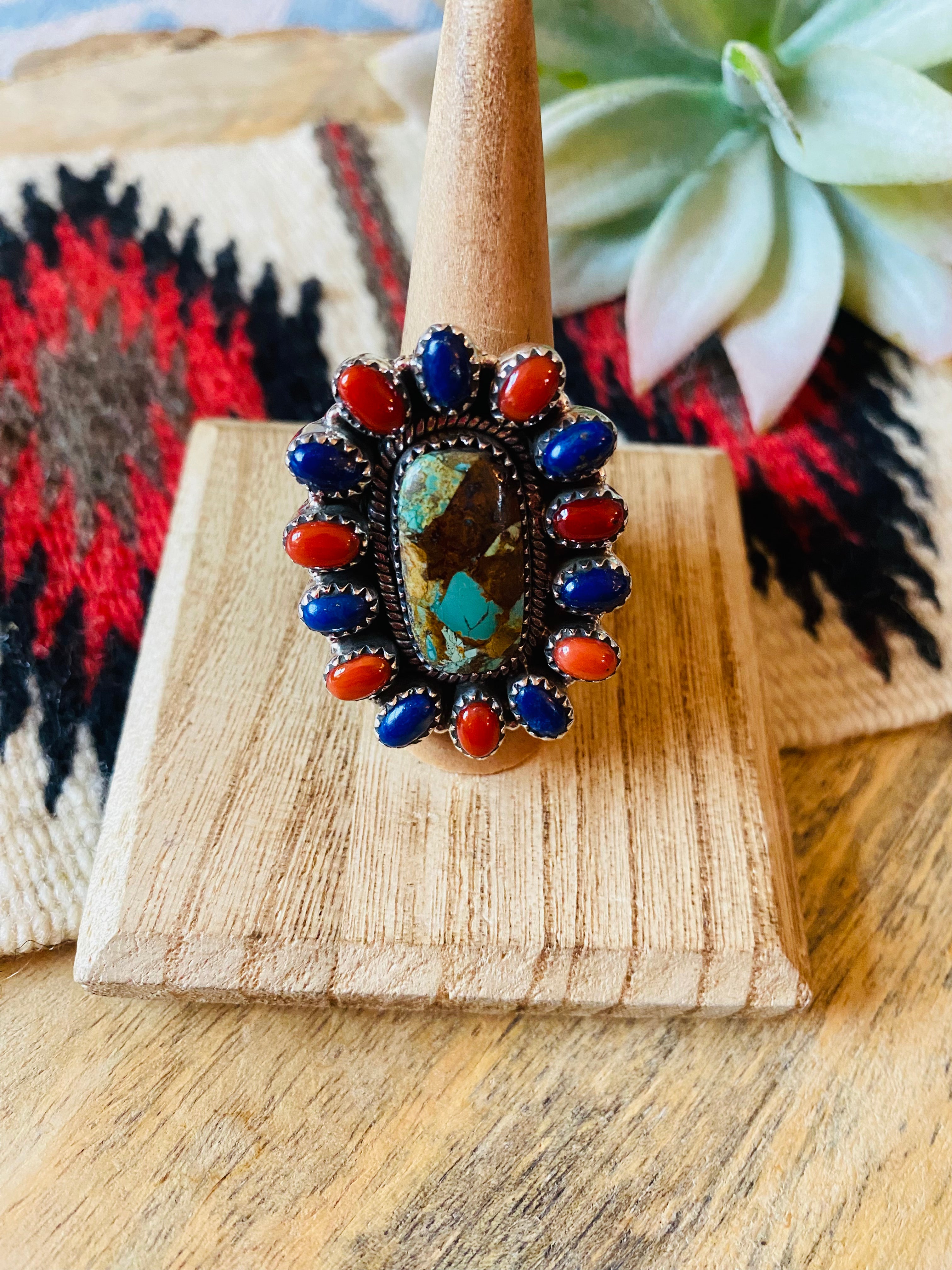 Handmade Sterling Silver, Turquoise, Coral & Lapis Cluster Adjustable Ring