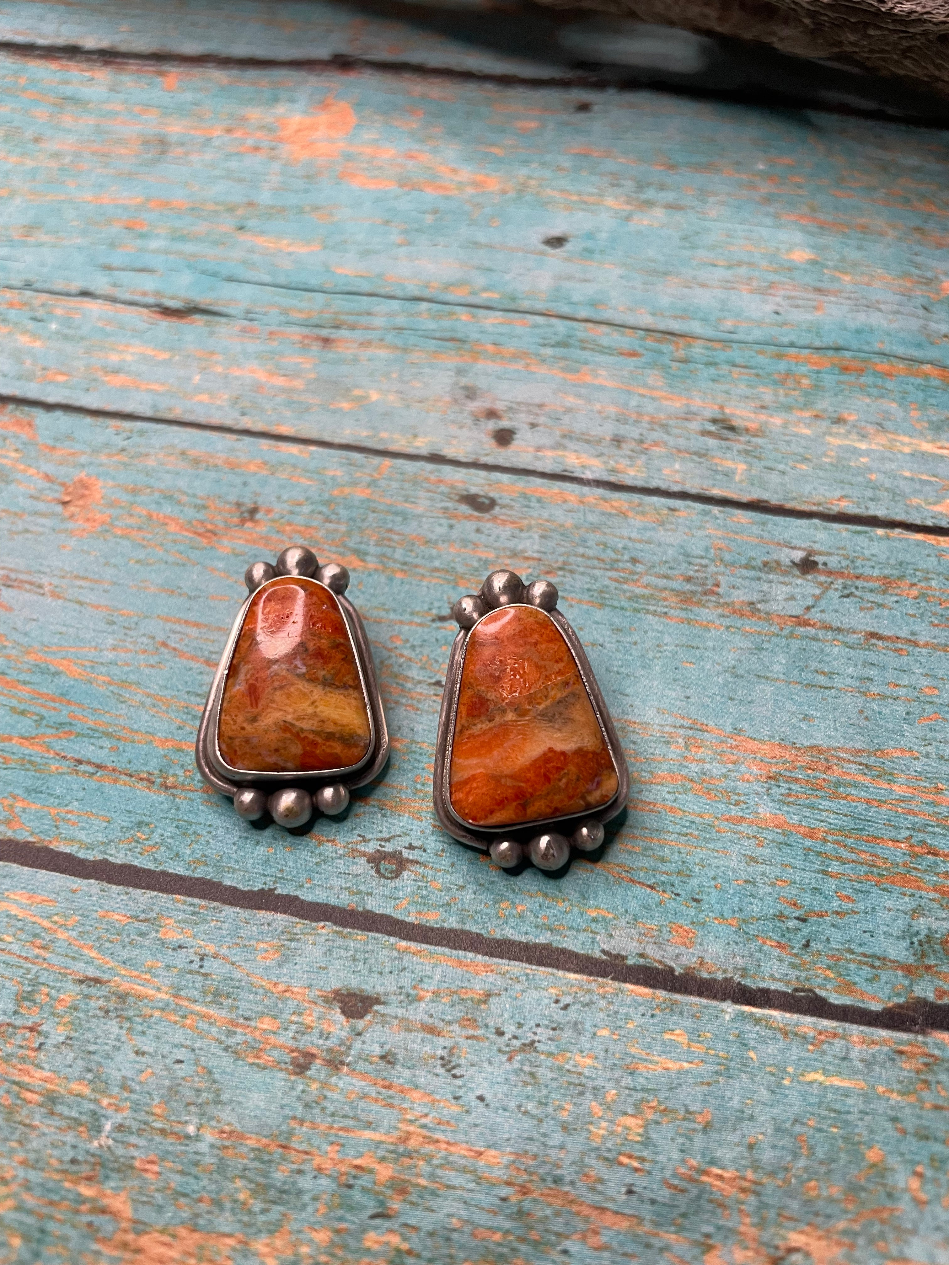 Navajo Apple Coral And Sterling Silver Post Earrings Signed