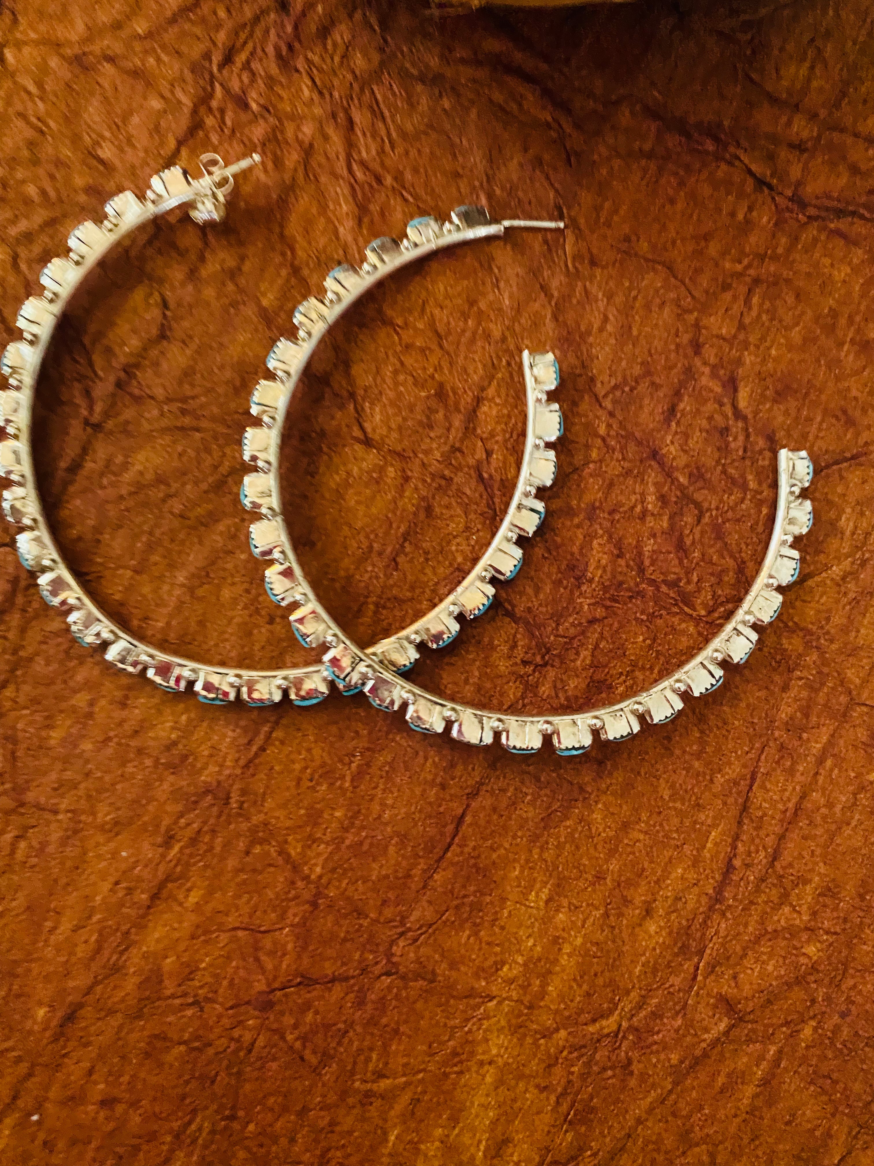 Zuni Turquoise & Sterling Silver Needlepoint Hoop Earrings