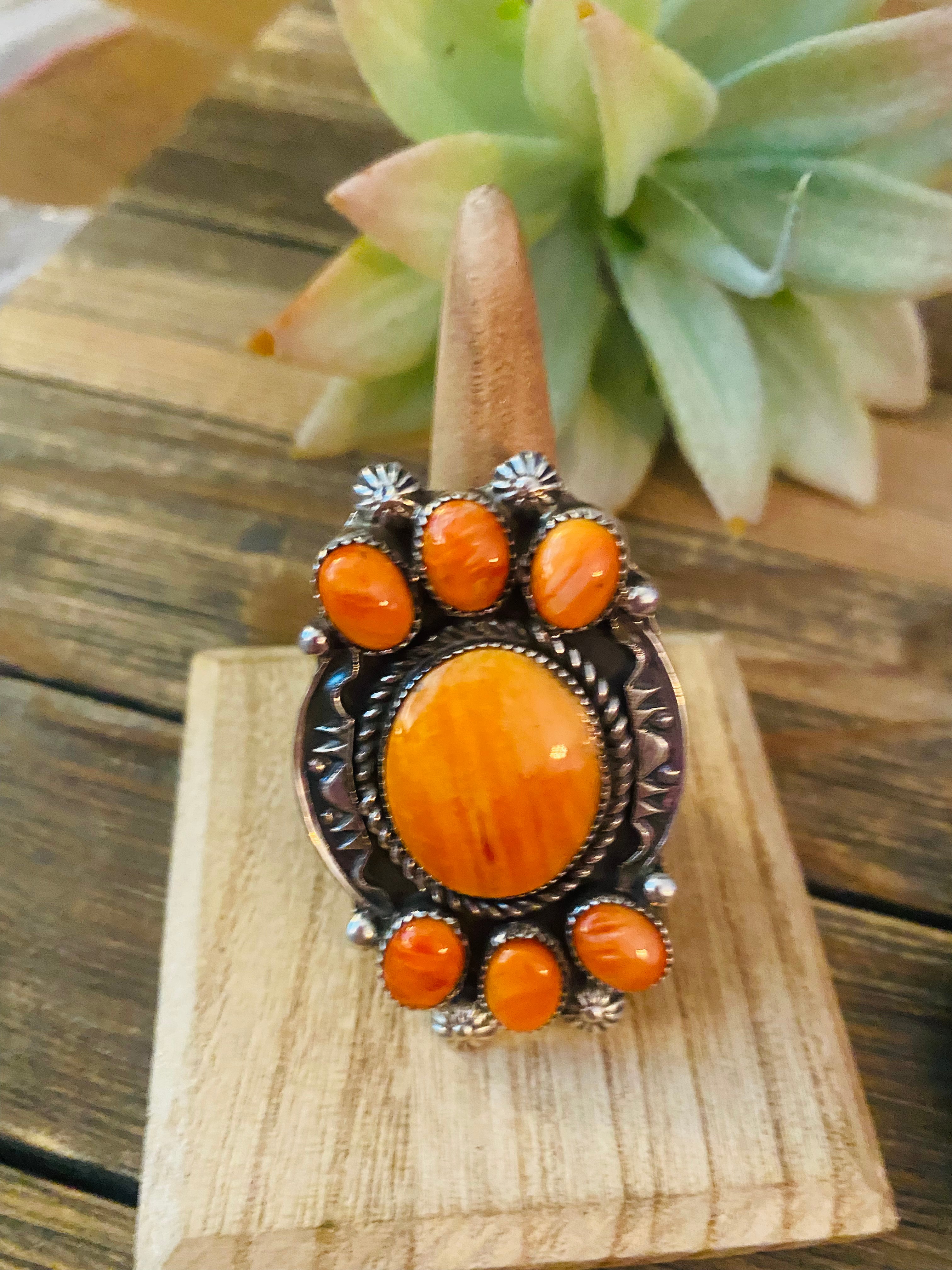 Navajo Orange Spiny And Sterling Silver 4 Piece Set by Kevin Billah