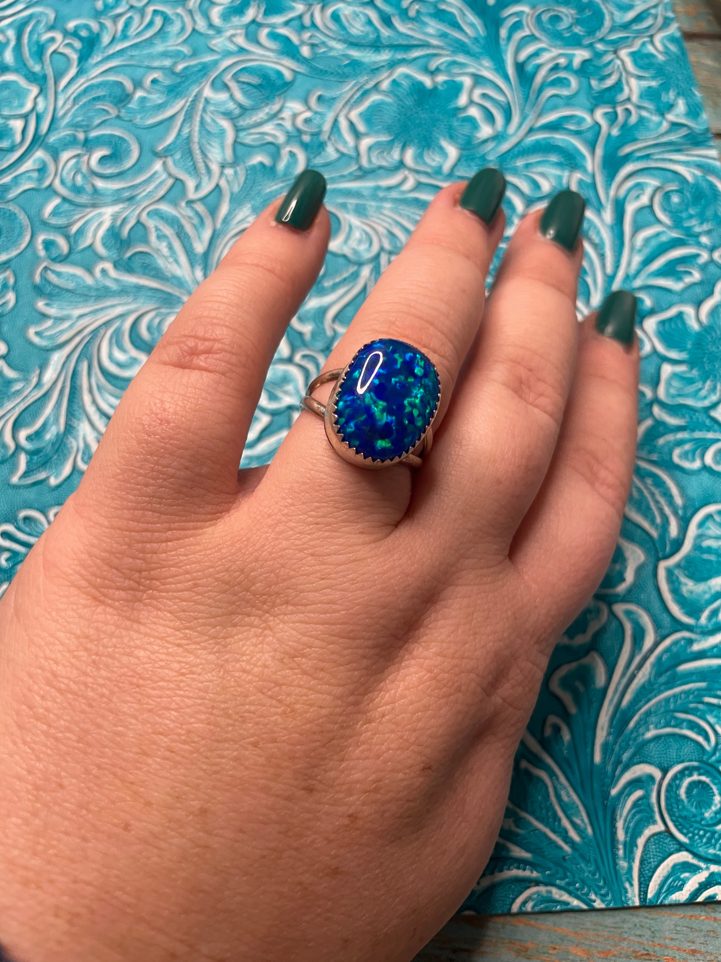 Navajo Man Made Sterling Silver & Blue Opal Ring Signed