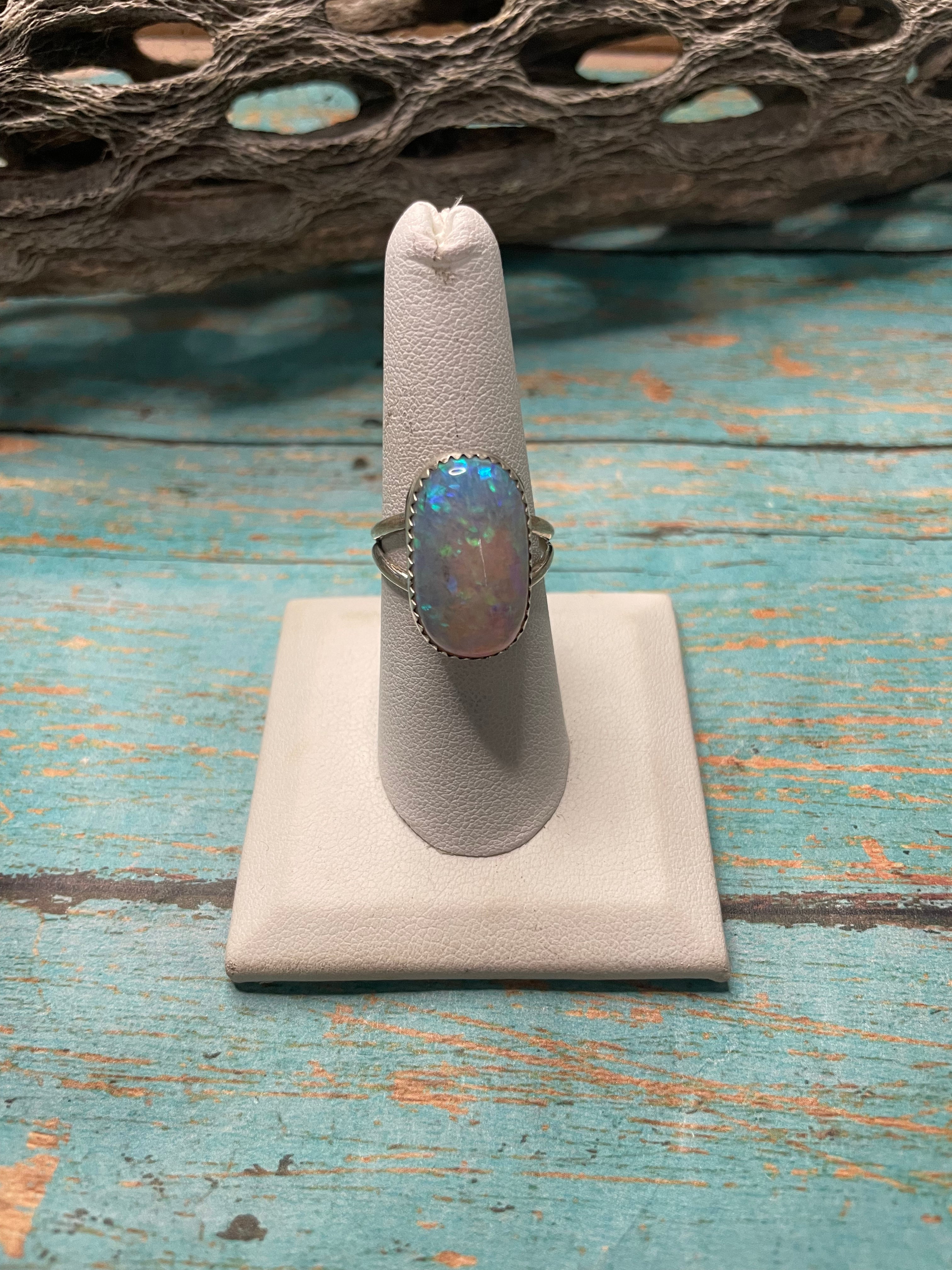 Navajo Man Made Sterling Silver & White Opal Ring