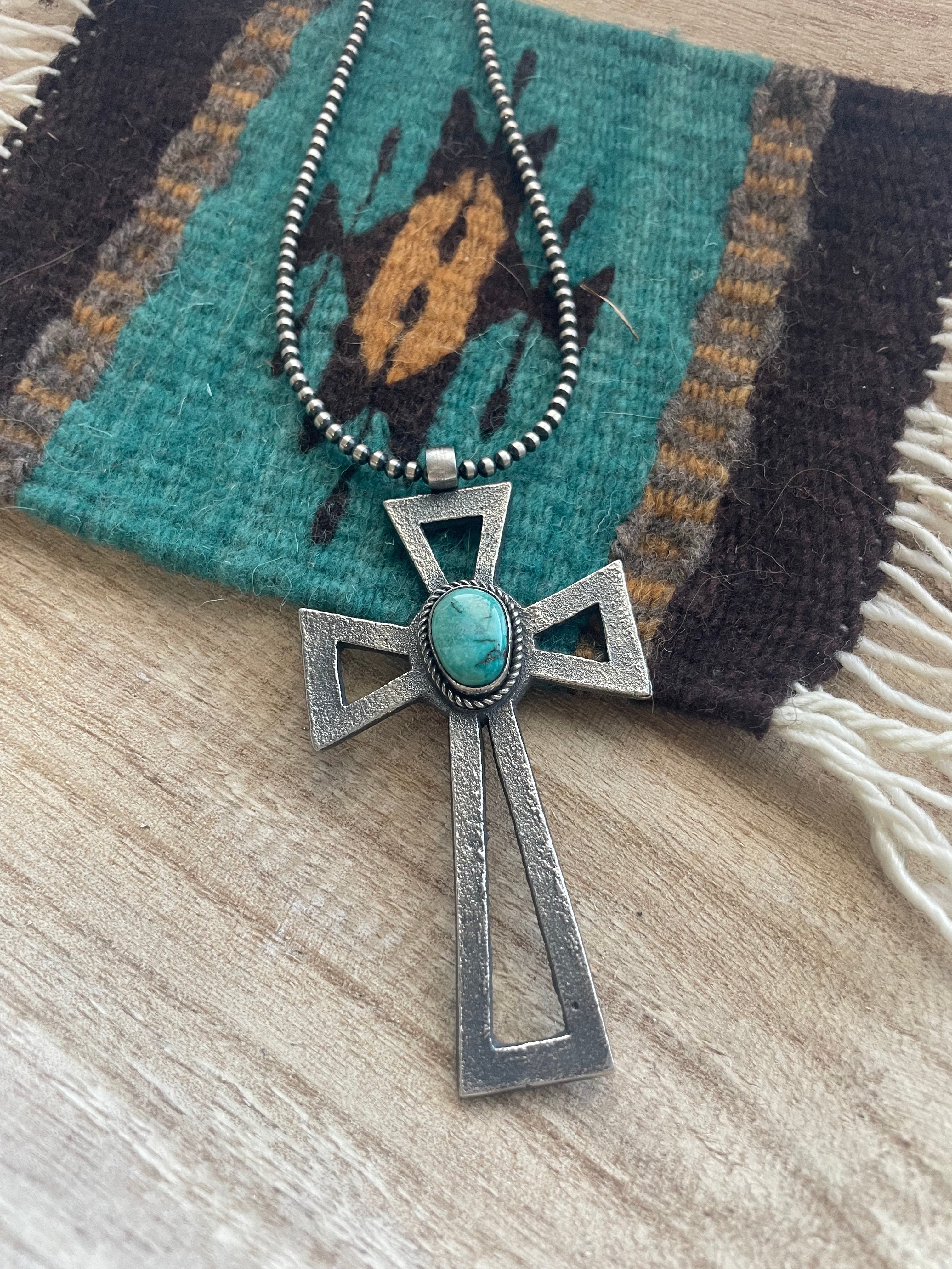 Navajo Sterling Silver & Turquoise Cross Pendant Signed Eugene Mitchell