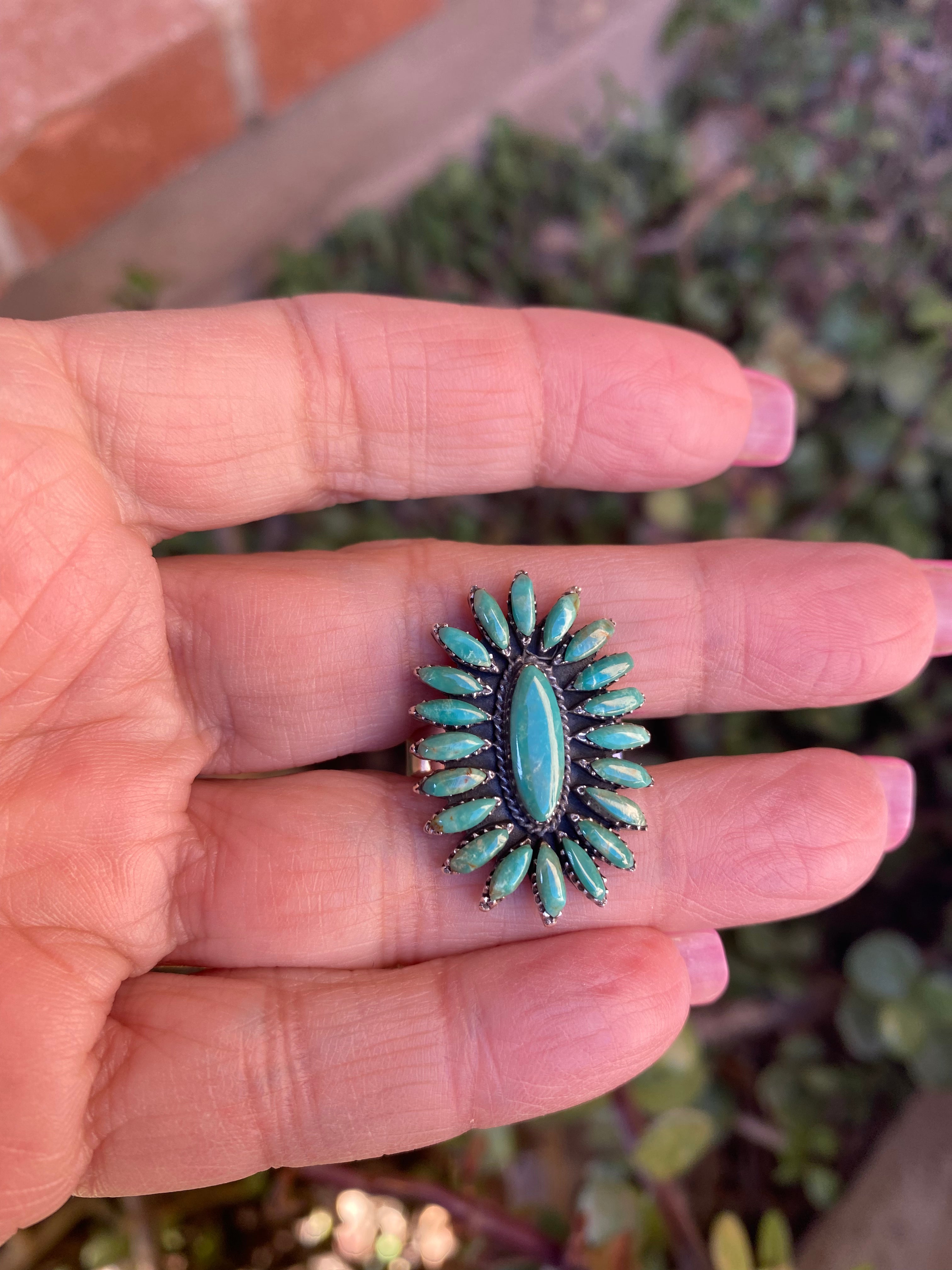 Handmade Sterling Silver & Kingman Needlepoint Turquoise Adjustable Ring