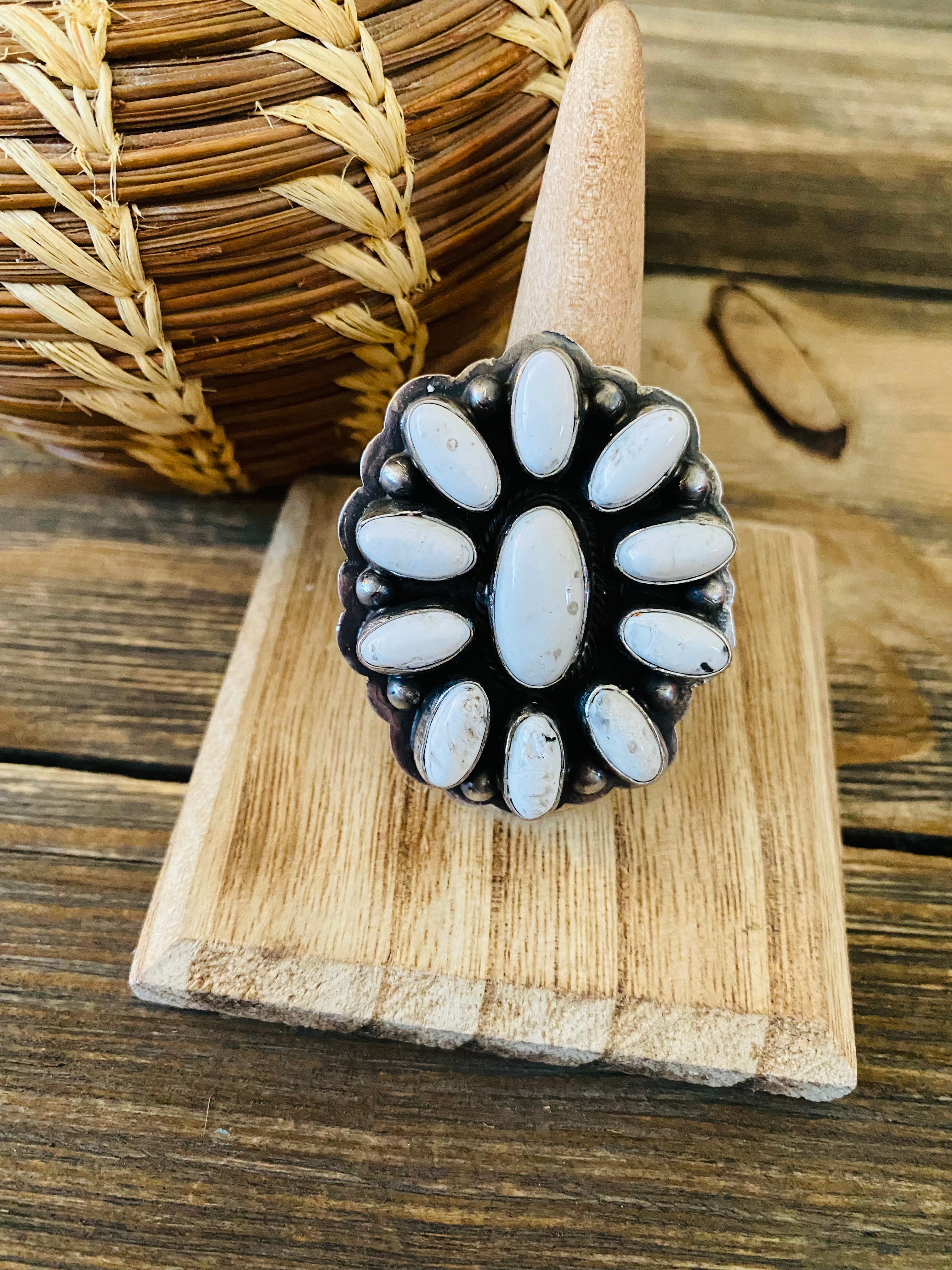 Navajo Sterling Silver And White Buffalo Cluster Adjustable Ring