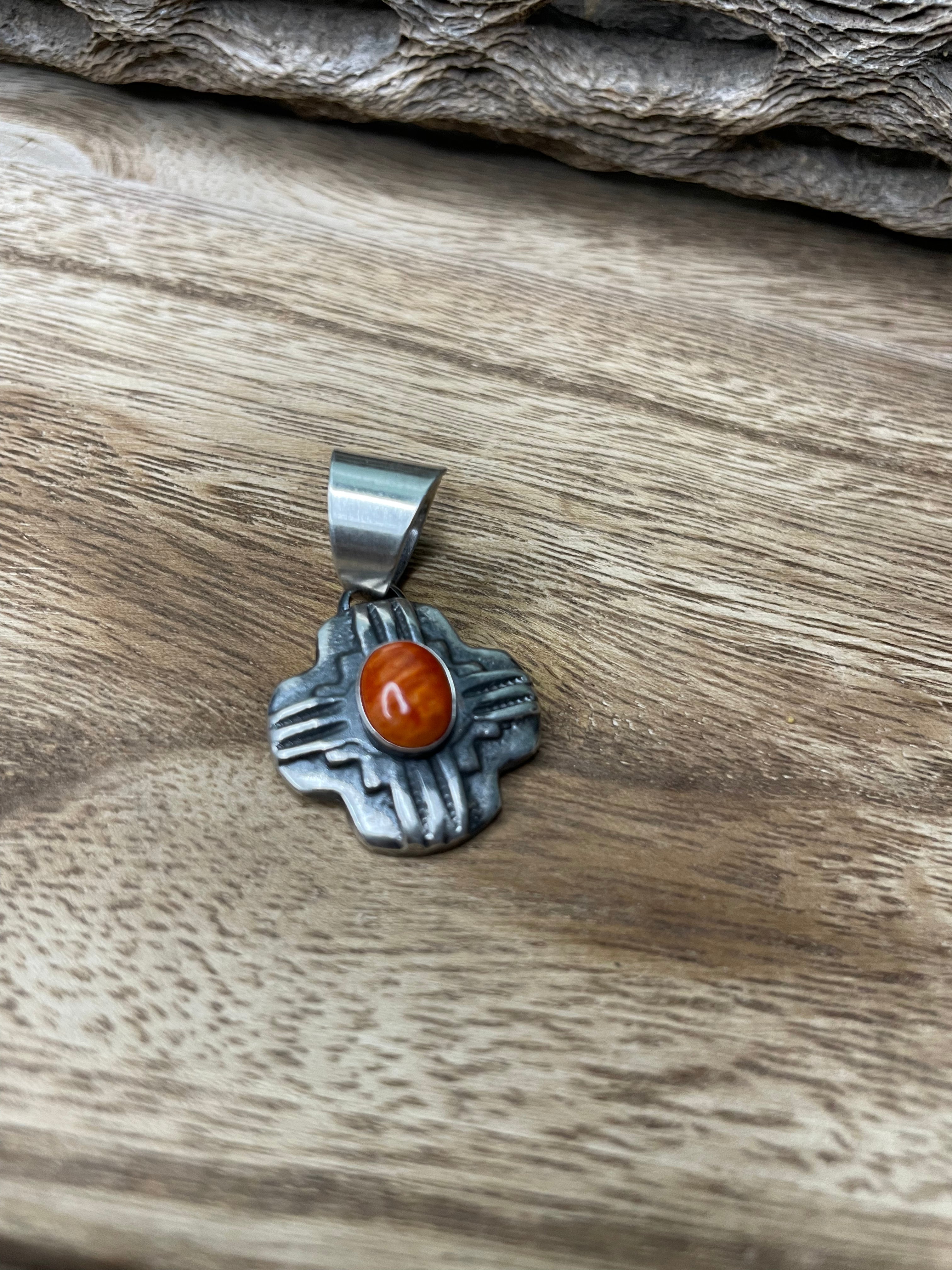 Navajo Sterling Silver Orange Spiny Pendant By Chimney Butte