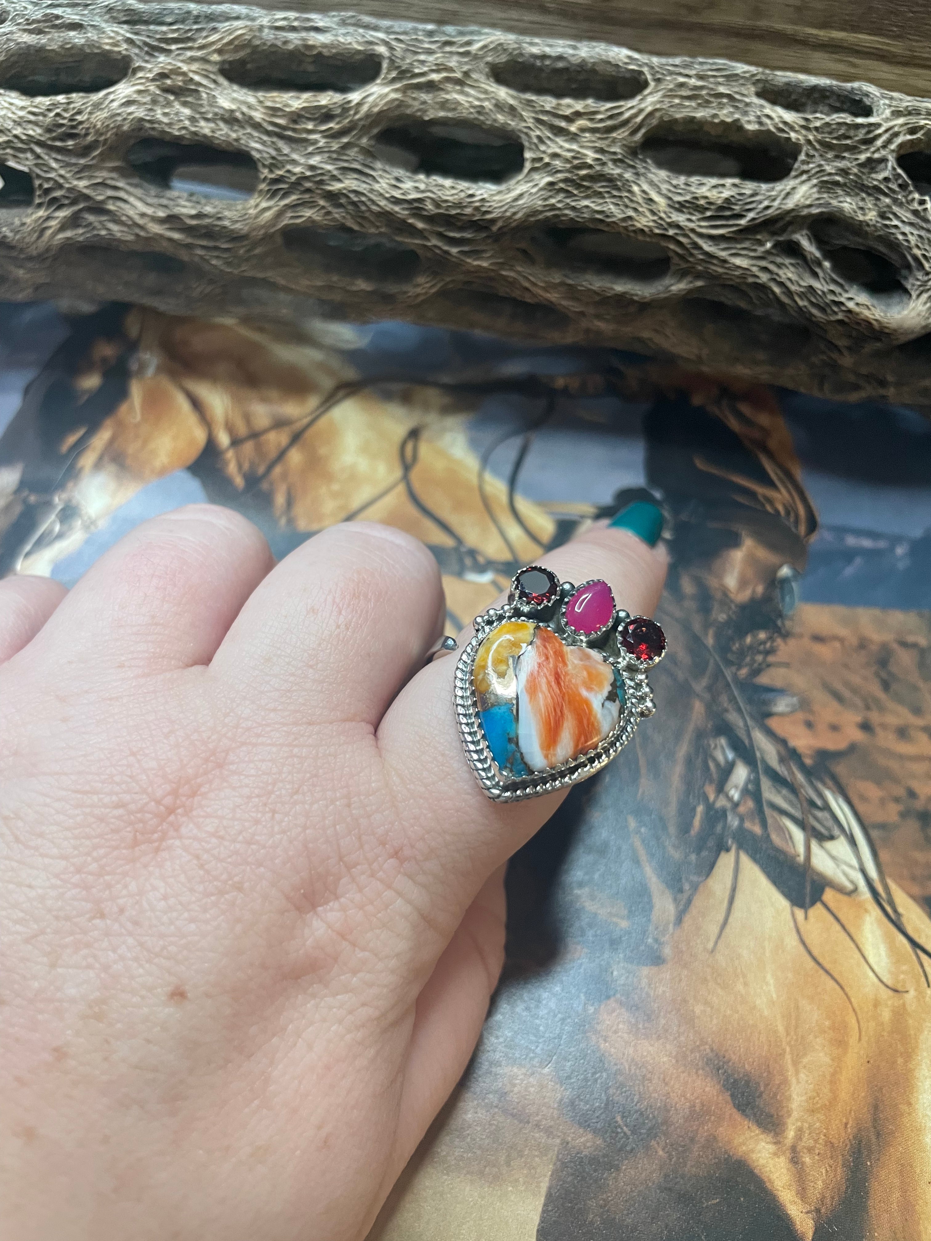 Handmade Spice & Pink Onyx Adjustable Heart Ring