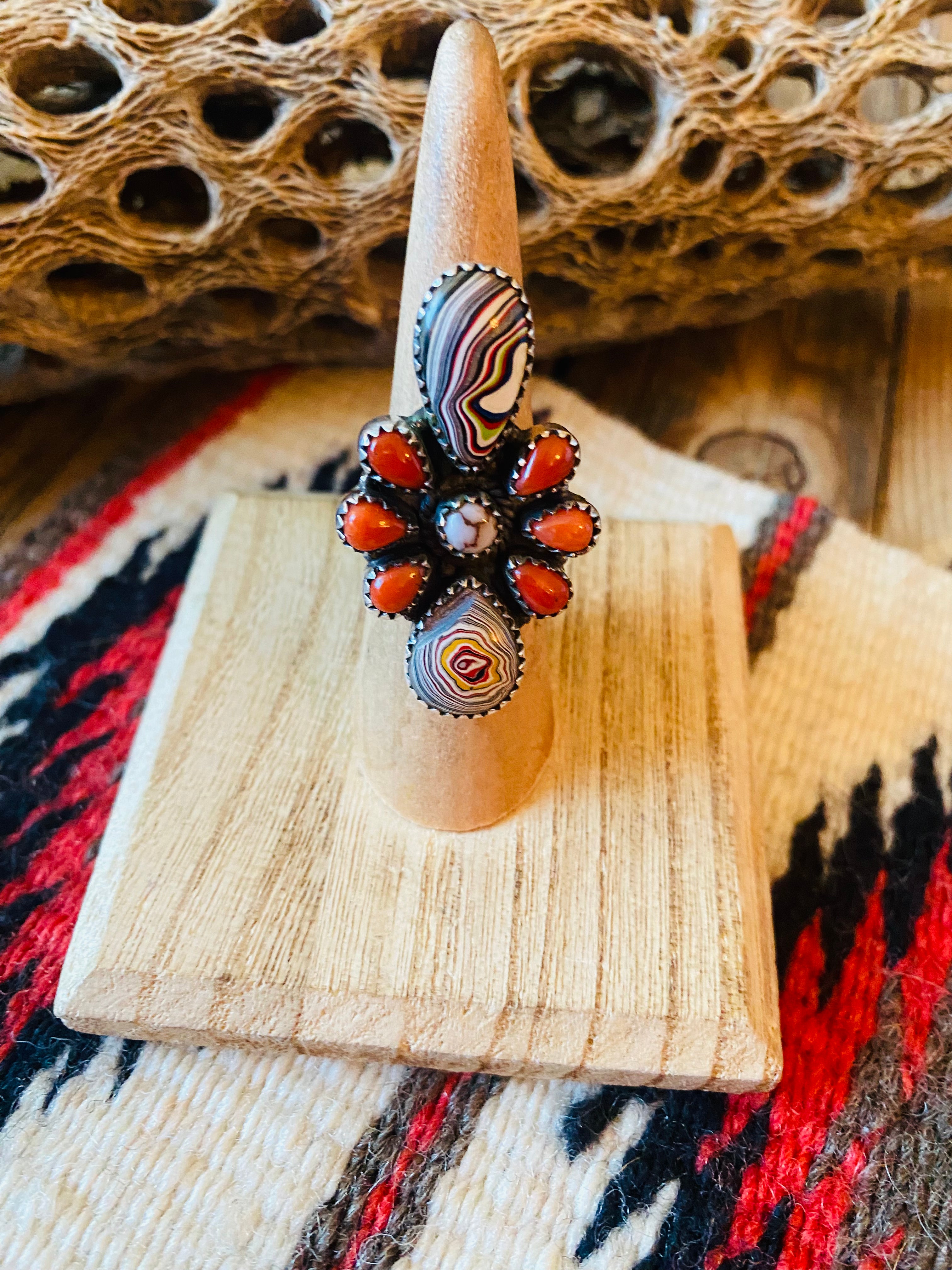 Handmade Sterling Silver, Fordite & Coral Cluster Adjustable Ring