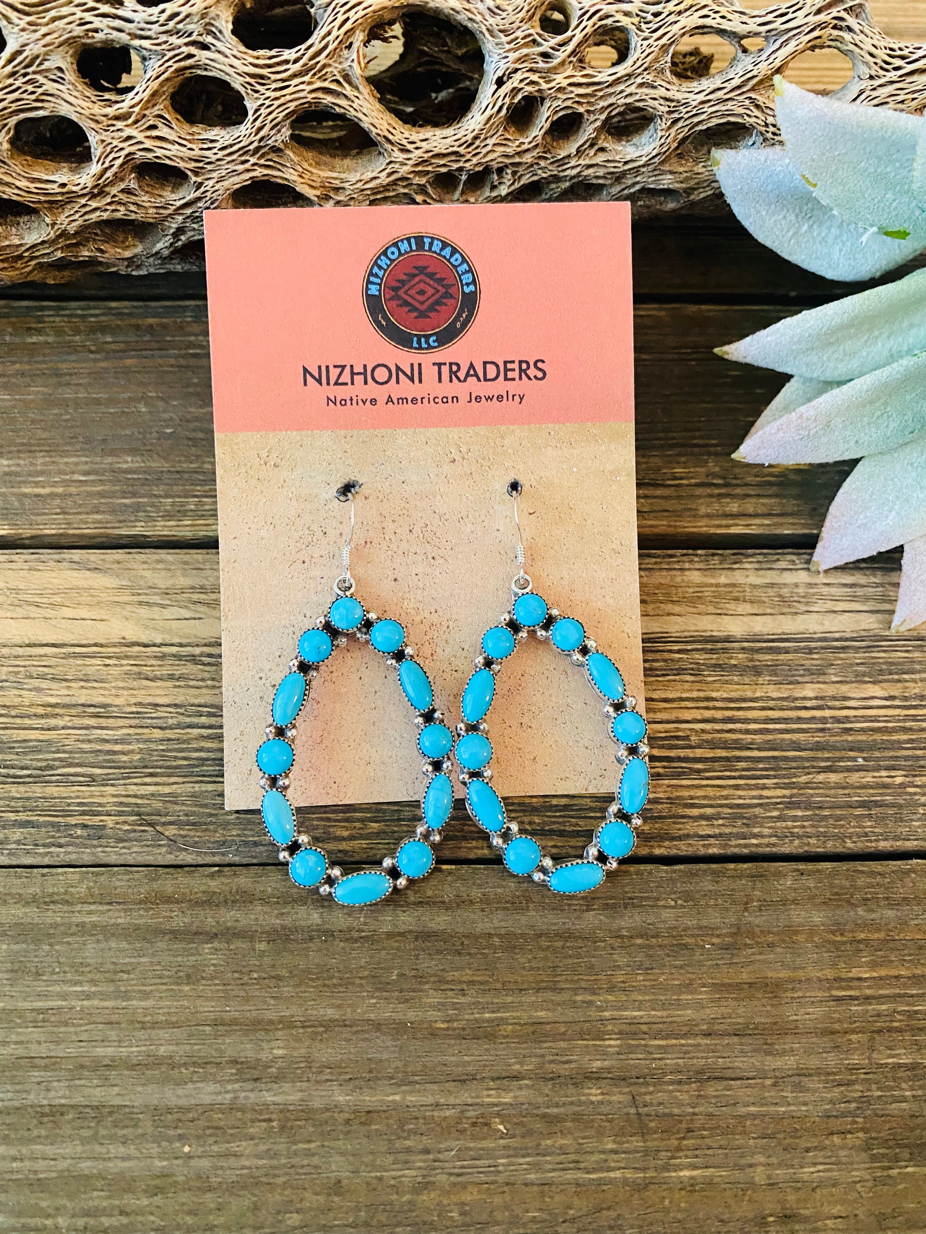 Navajo Sleeping Beauty Turquoise & Sterling Silver Dangle Earrings