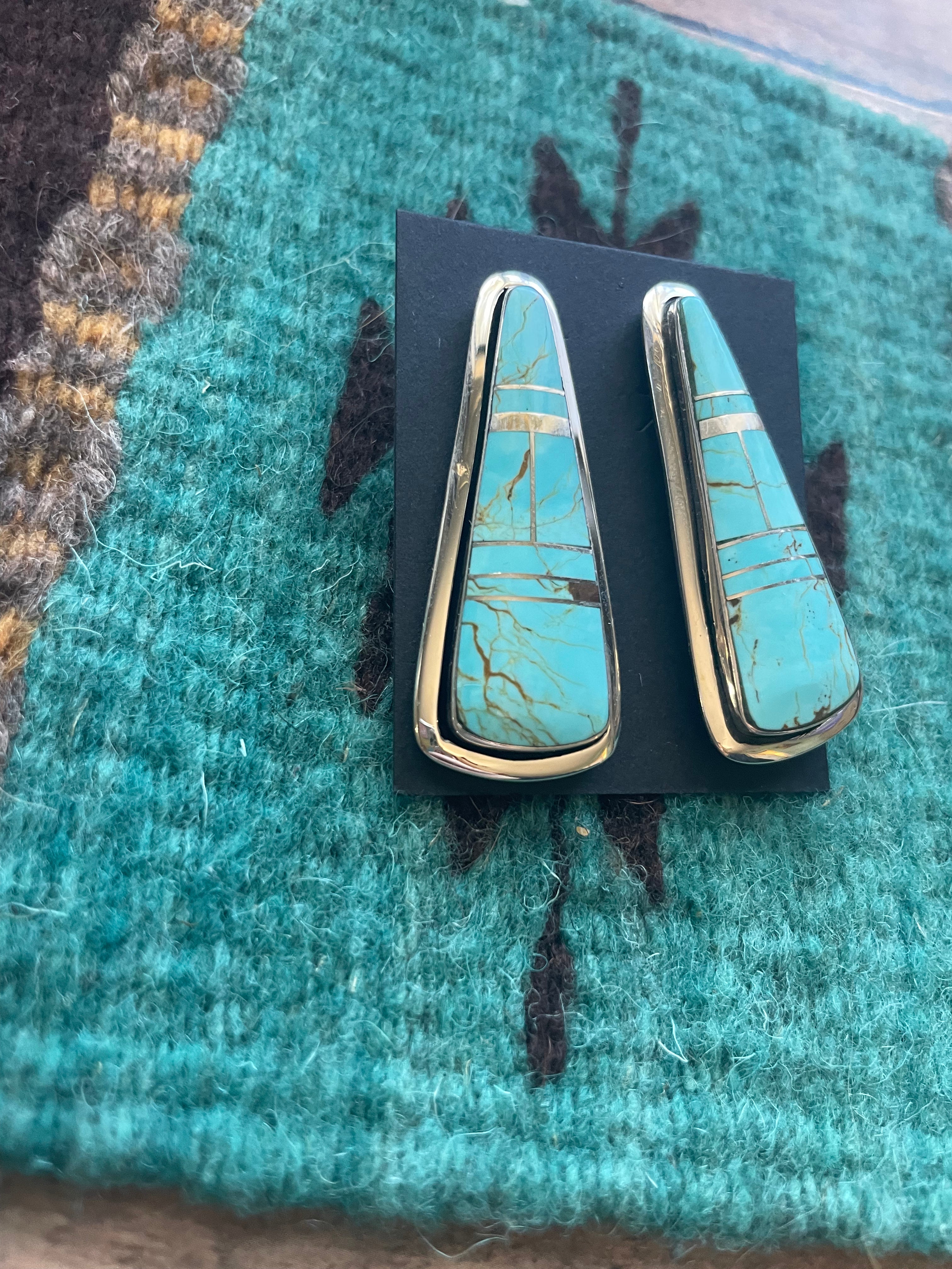 Number 8 Turquoise Inlay & Sterling Silver Triangle Post Earrings