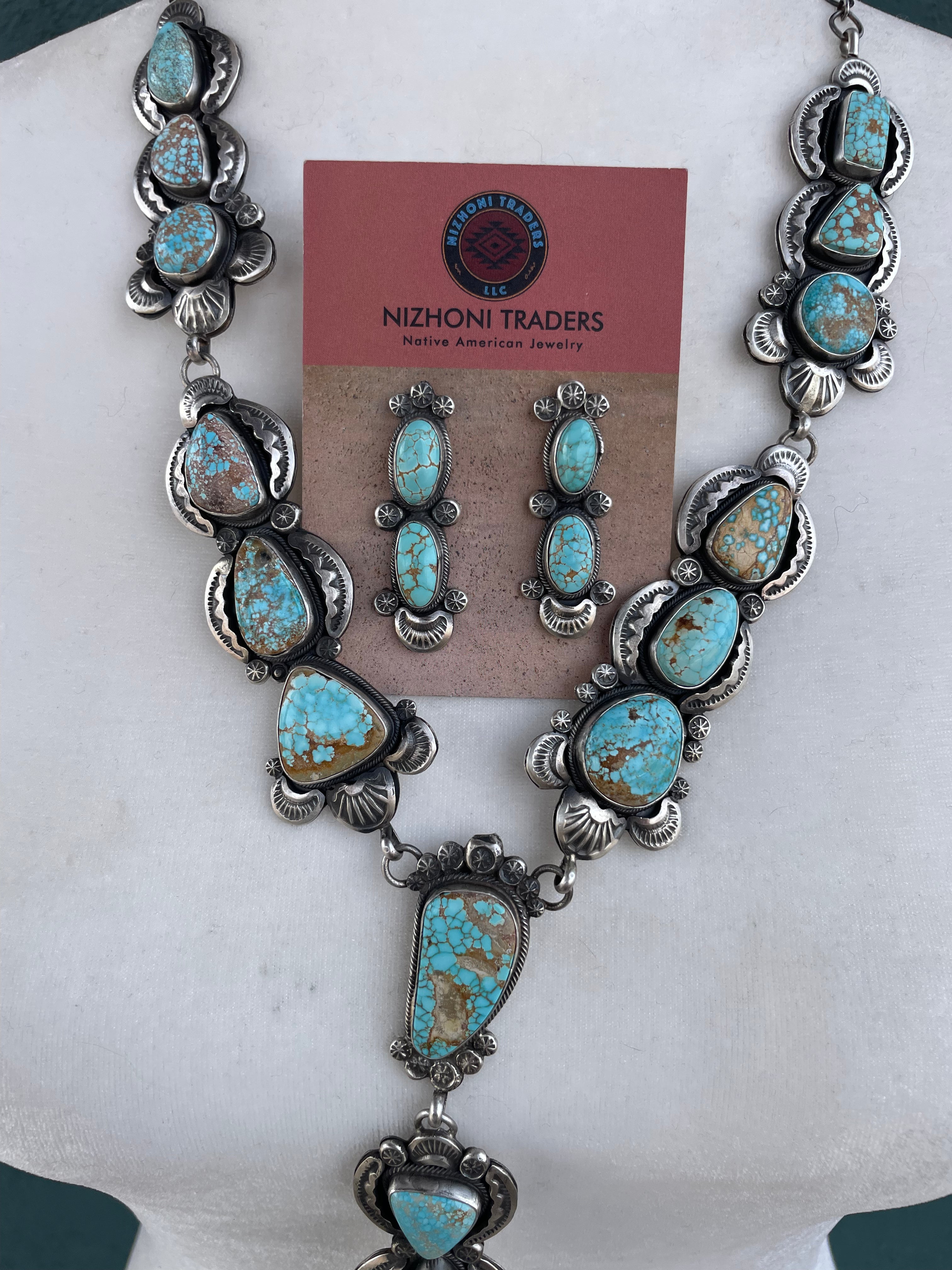 Navajo Sterling Silver & Number 8 Turquoise Necklace Earring Set Signed