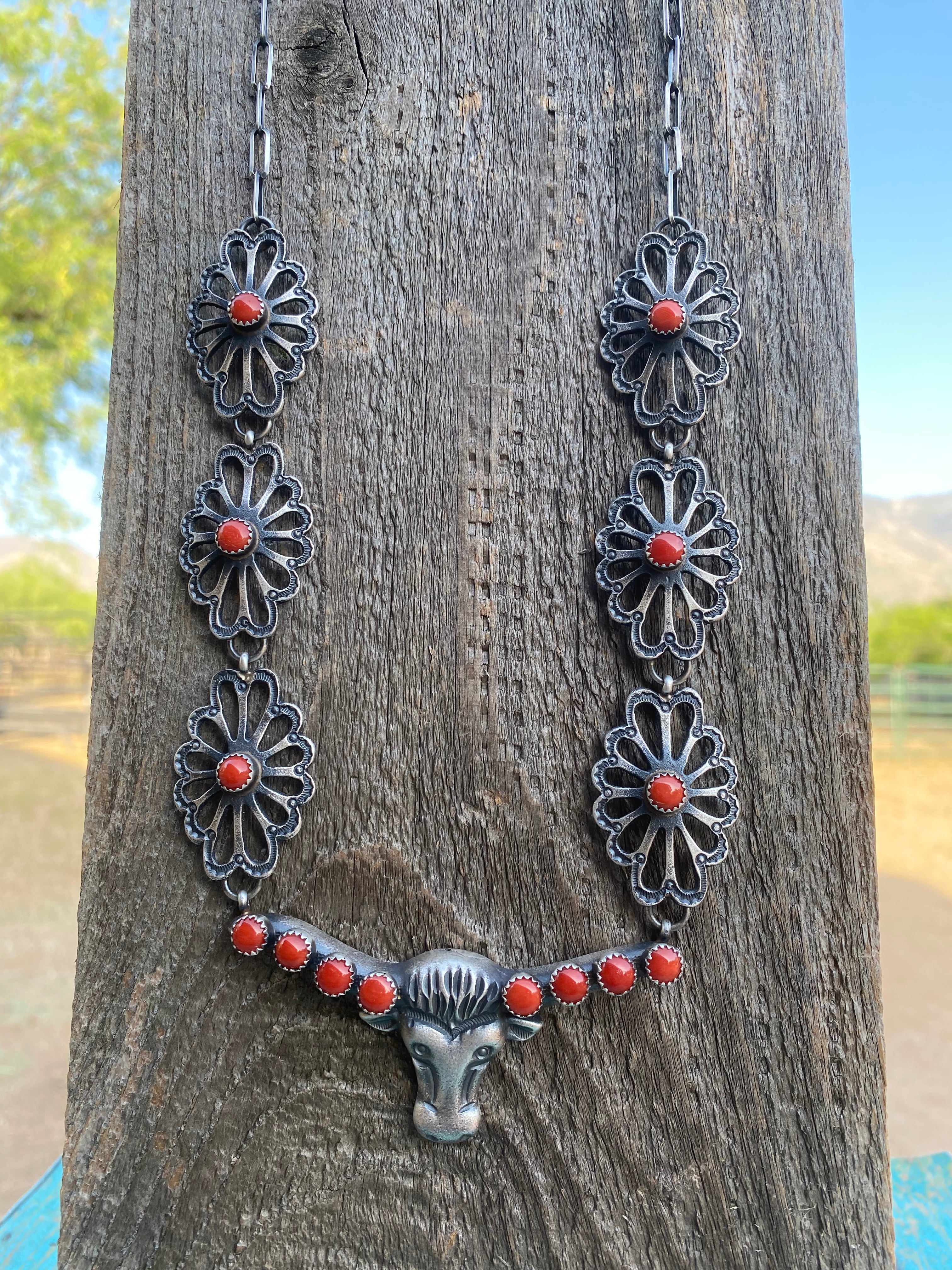 Navajo Sterling Silver & Coral Bull Head Necklace Set By Kevin Billah