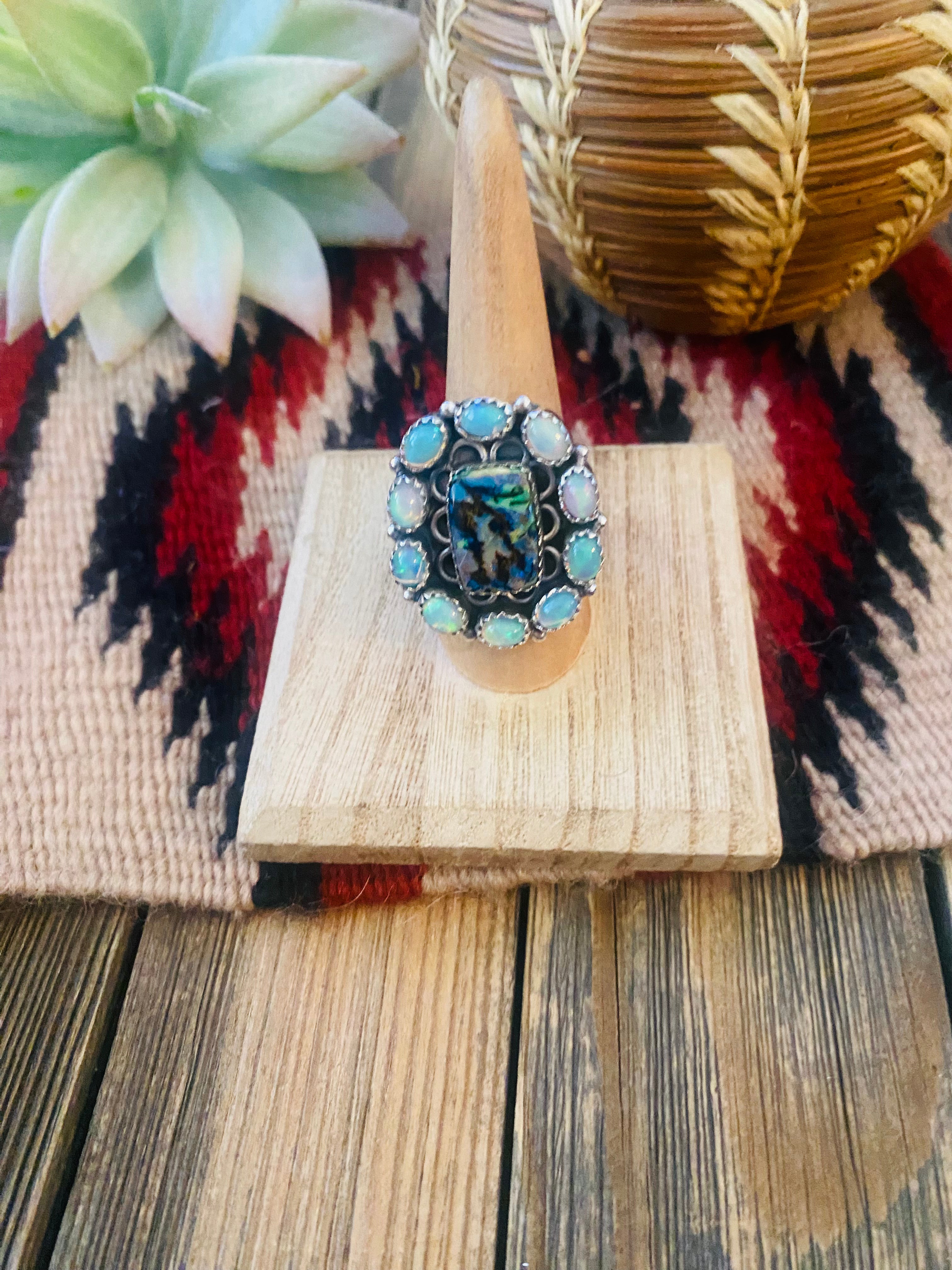 Handmade Sterling Silver & Opal Cluster Adjustable Ring