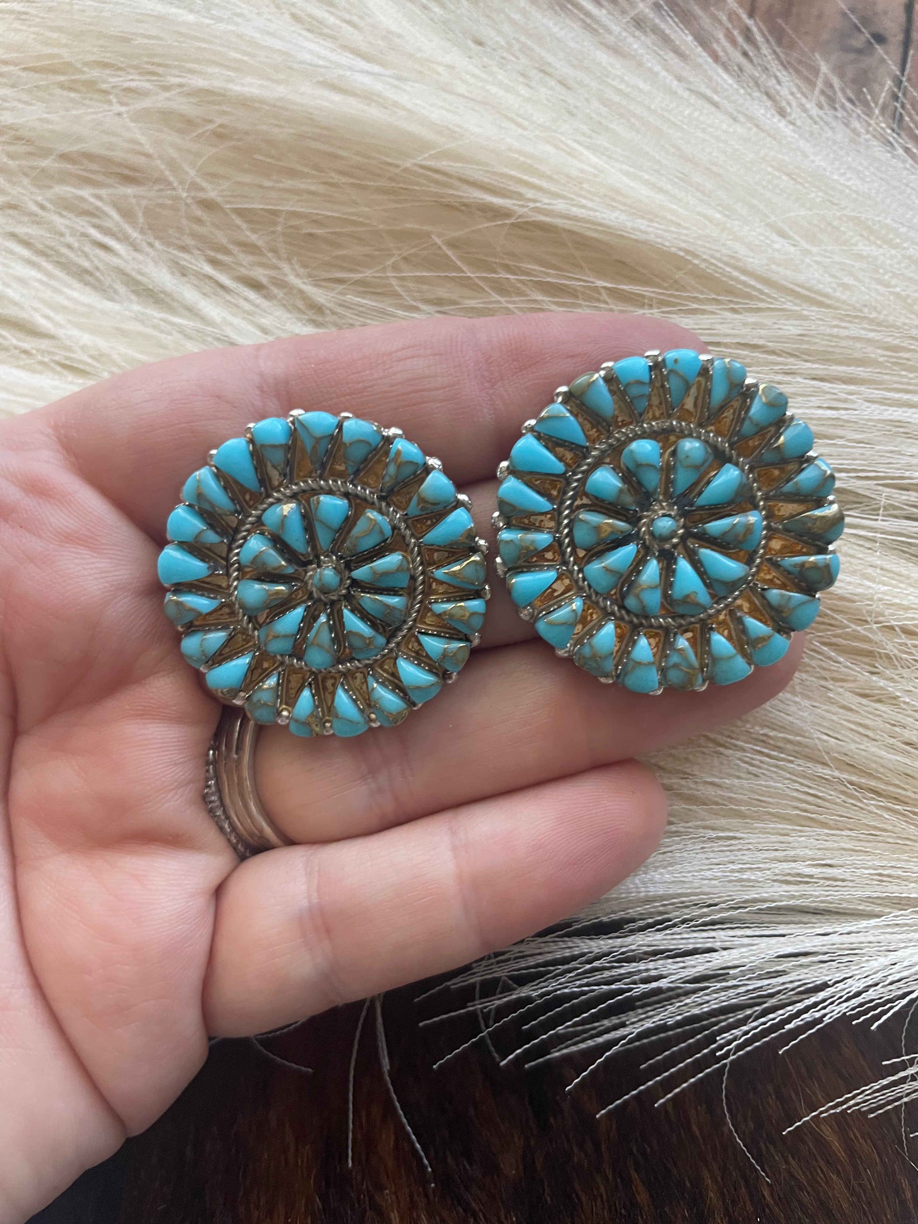 Navajo Sterling Silver And Turquoise Cluster Circle Earrings Signed 1.75”