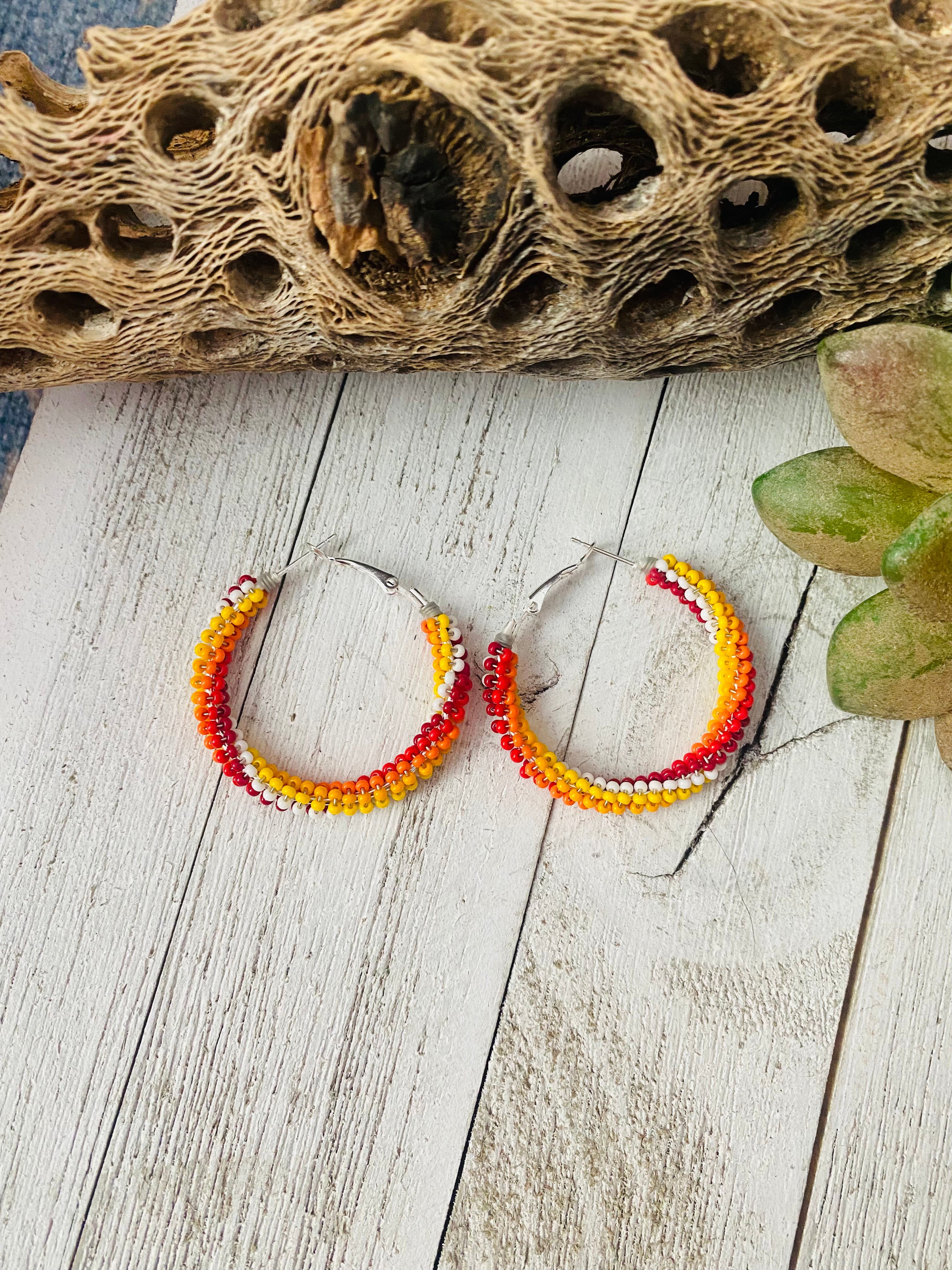 Navajo Handmade Beaded Hoop Earrings- red, yellow, orange