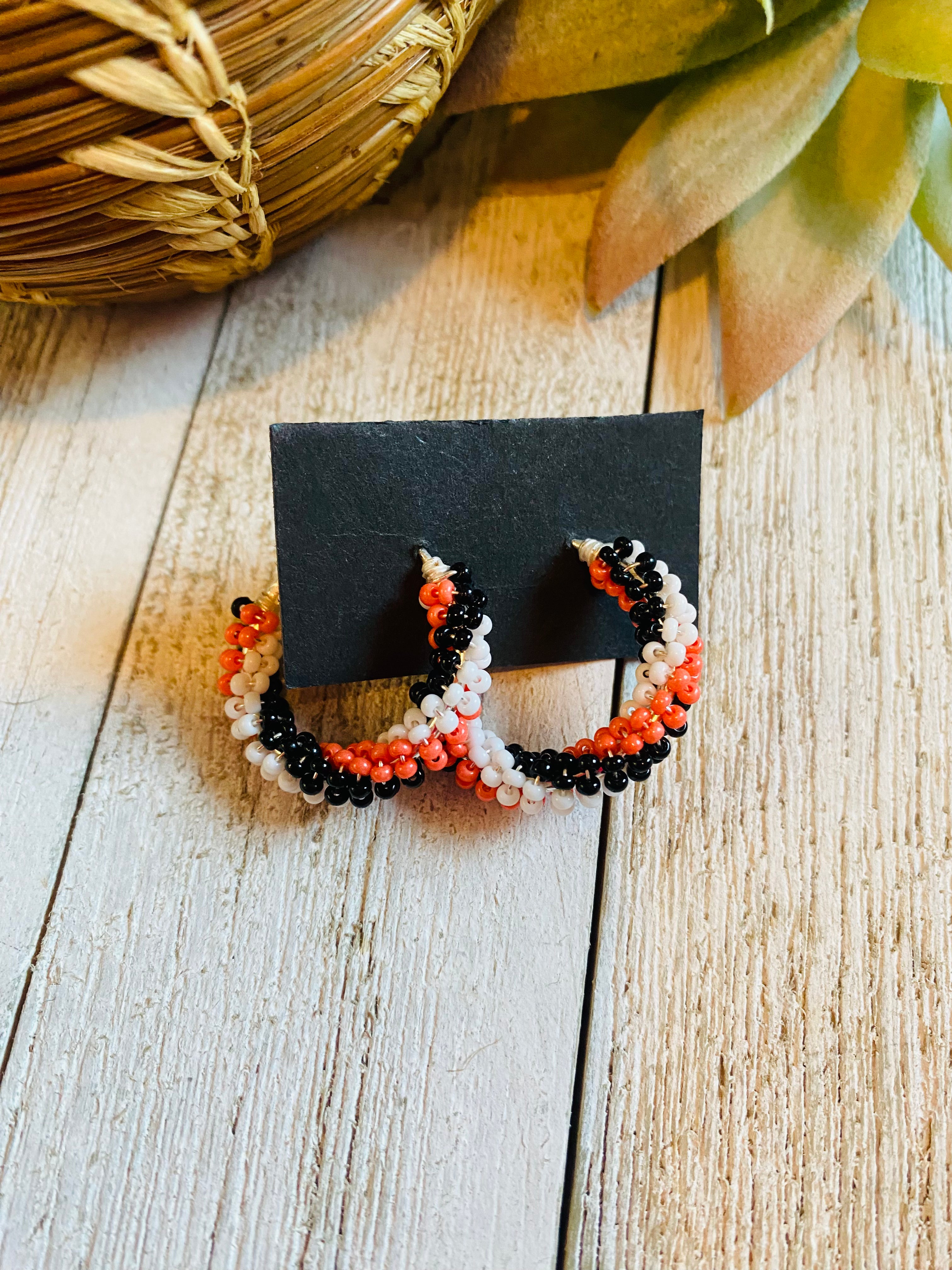 Navajo Handmade Beaded Hoop Earrings- orange