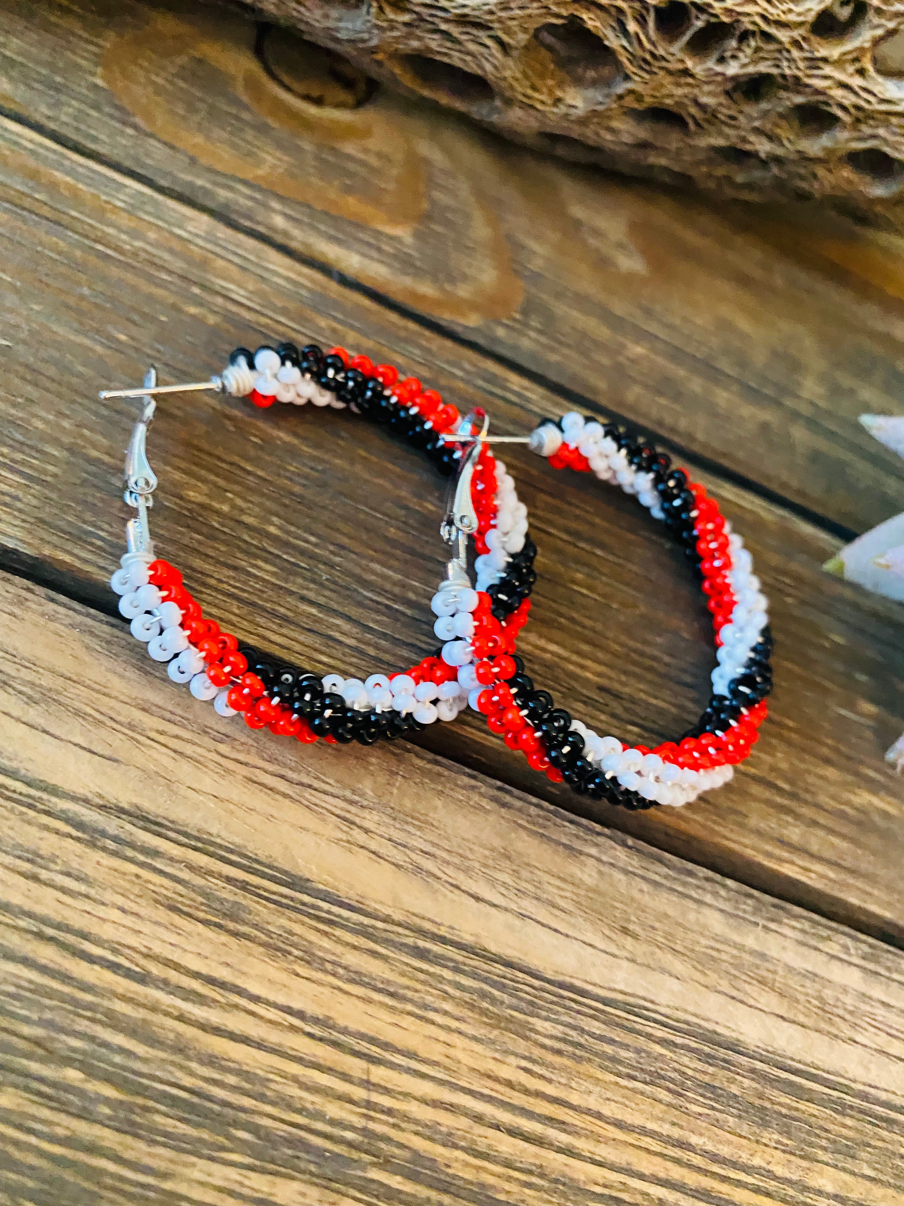 Navajo Handmade Beaded Hoop Earrings- red, black