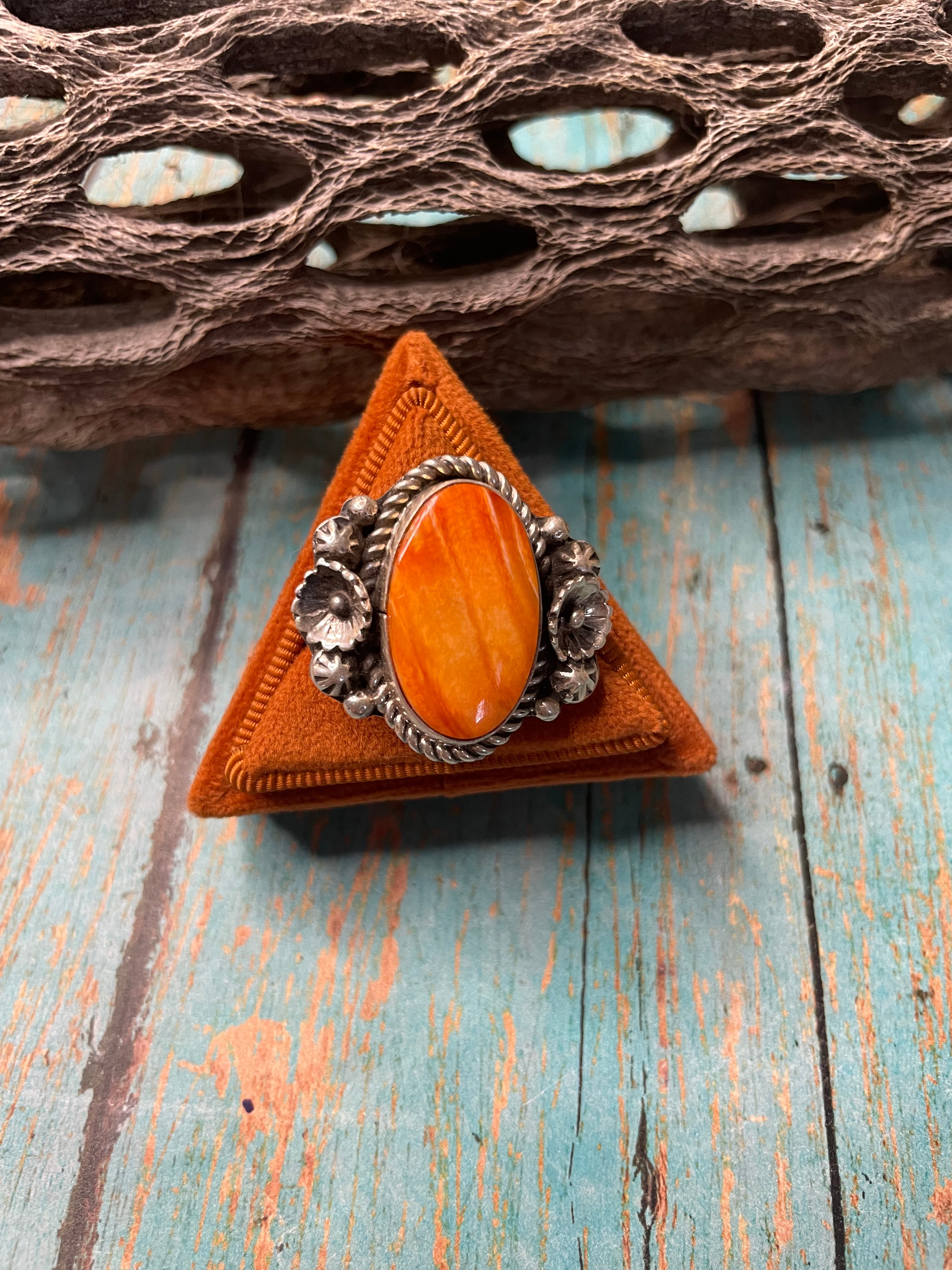 Old Pawn Navajo Sterling Silver & Orange Spiny Ring Size 7.5