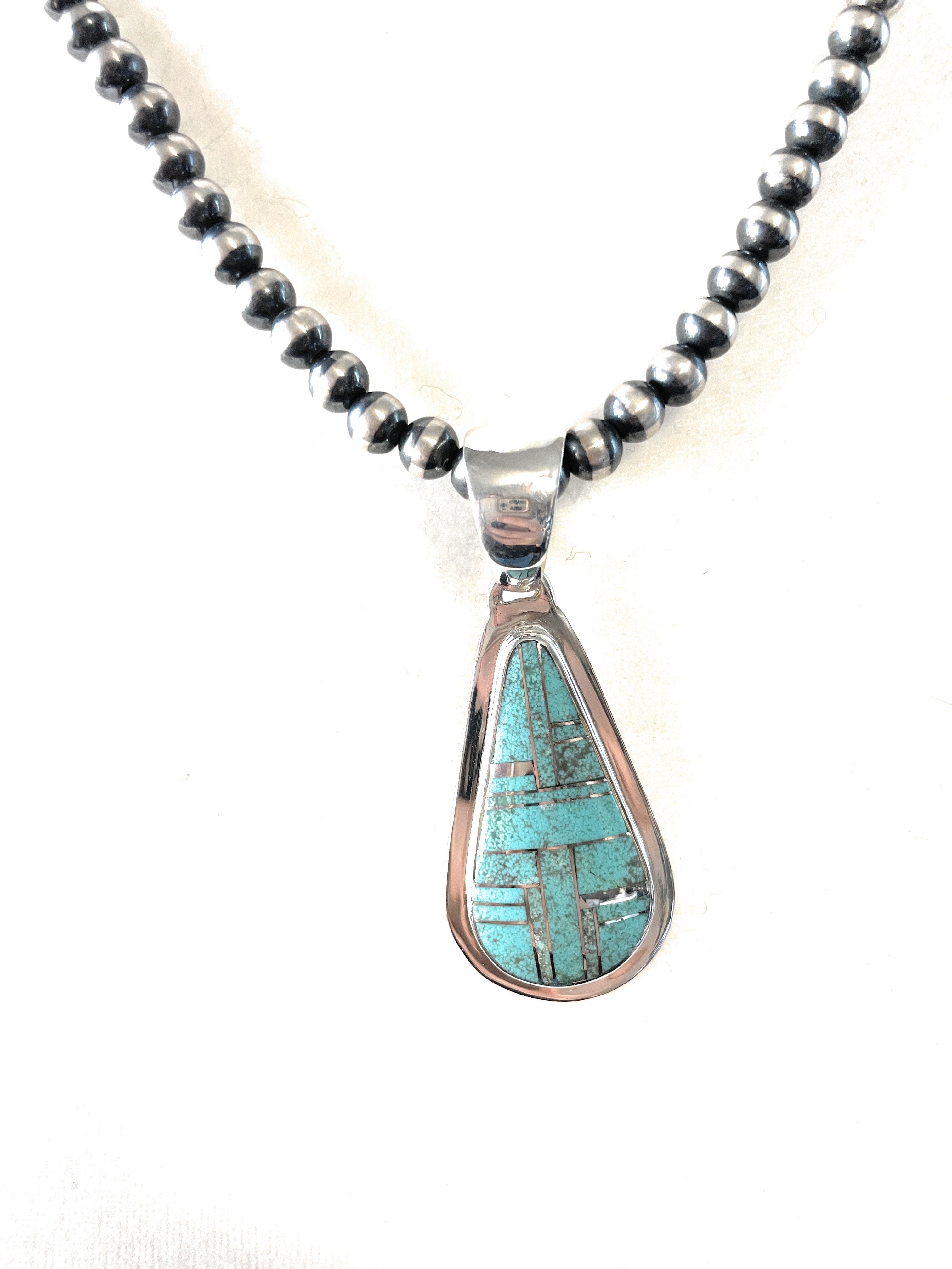 Navajo Number 8 Turquoise Inlay & Sterling Silver Pendant Signed