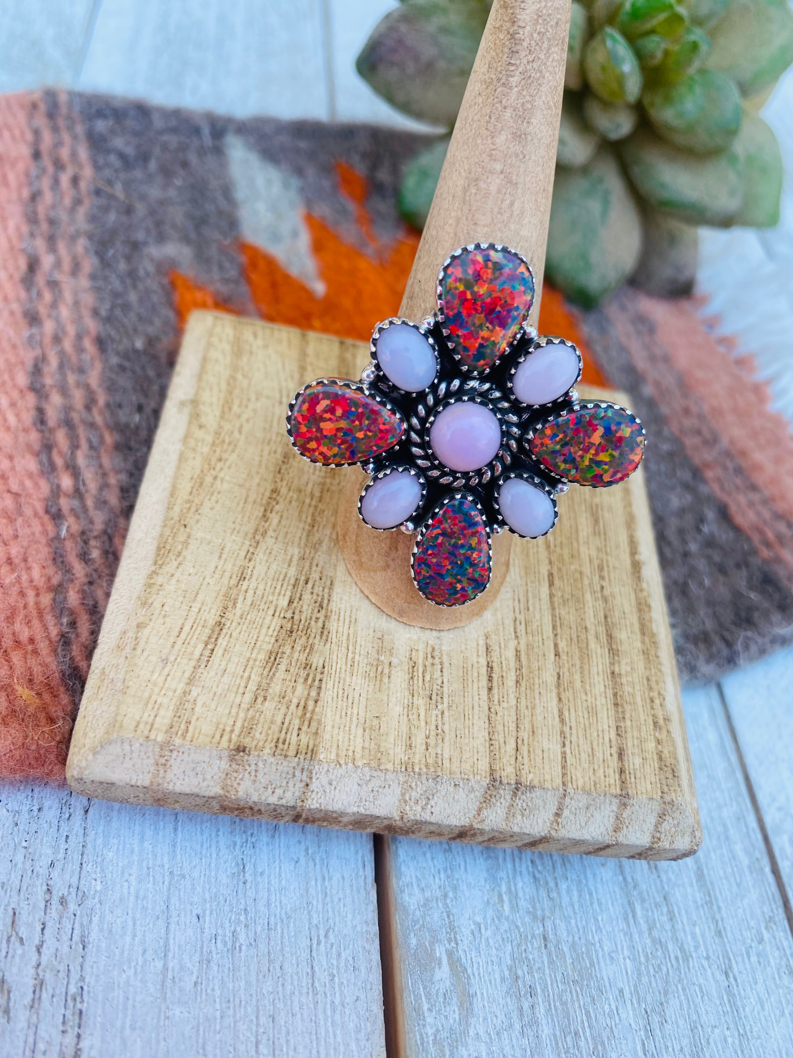 Handmade Sterling Silver, Opal & Queen Pink Cluster Adjustable Ring