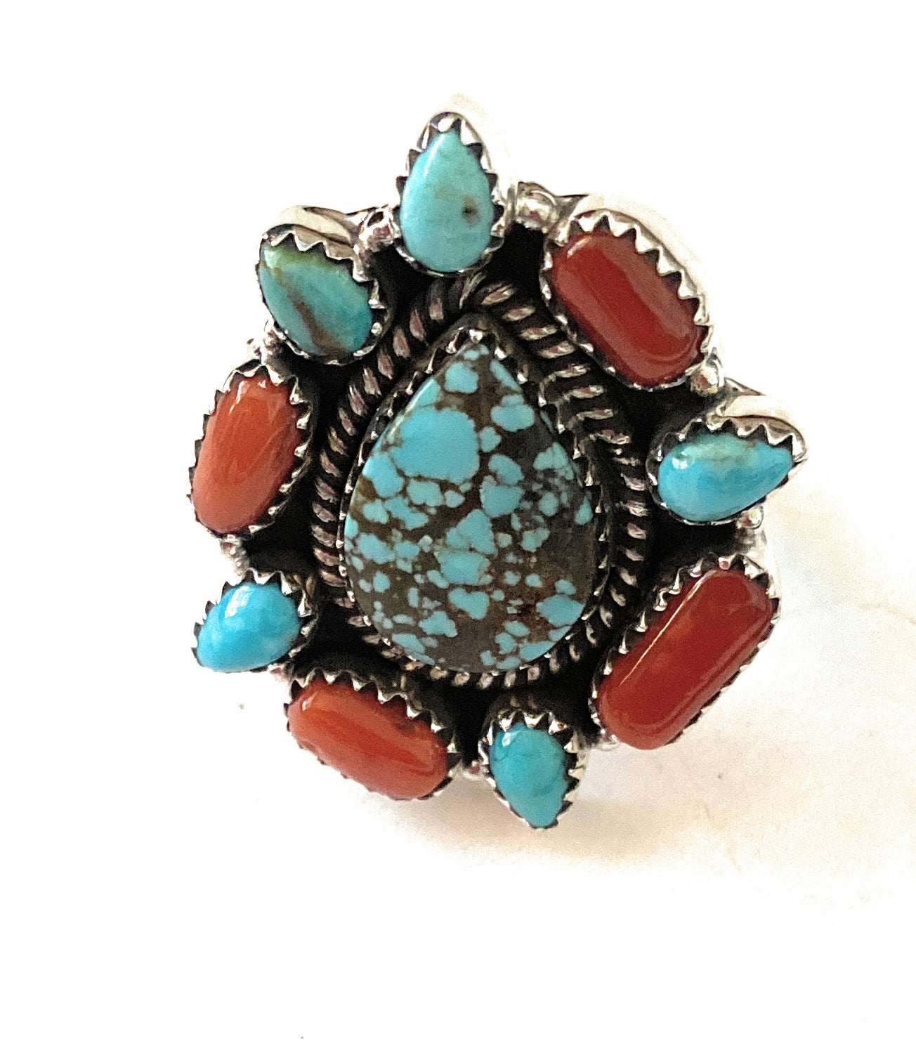 Handmade Sterling Silver, Coral & Number 8 Turquoise Cluster Adjustable Ring