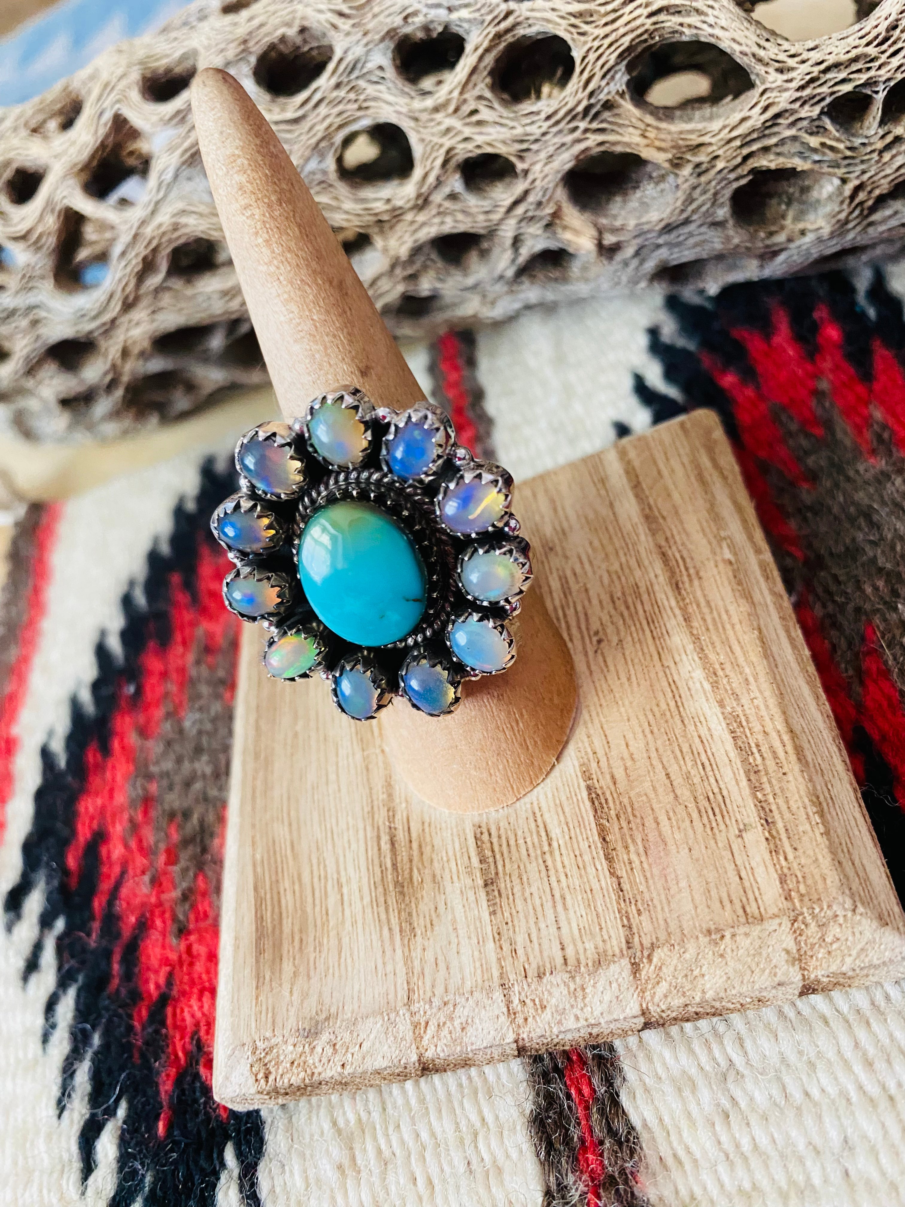 Handmade Sterling Silver, Turquoise & Opal Cluster Adjustable Ring